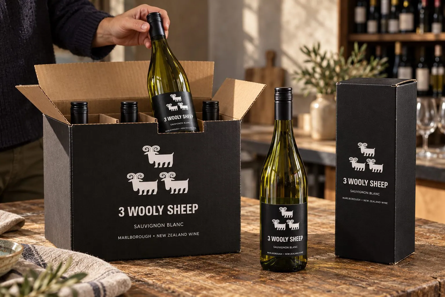 A bottle of 3 Wooly Sheep Sauvignon Blanc with its black label and three white sheep, on a candlelit restaurant table with food and two glasses of wine.