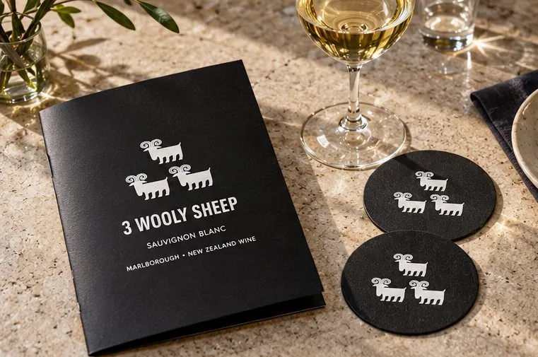 A black folded menu and two round coasters with the sheep mark, next to a glass of white wine.