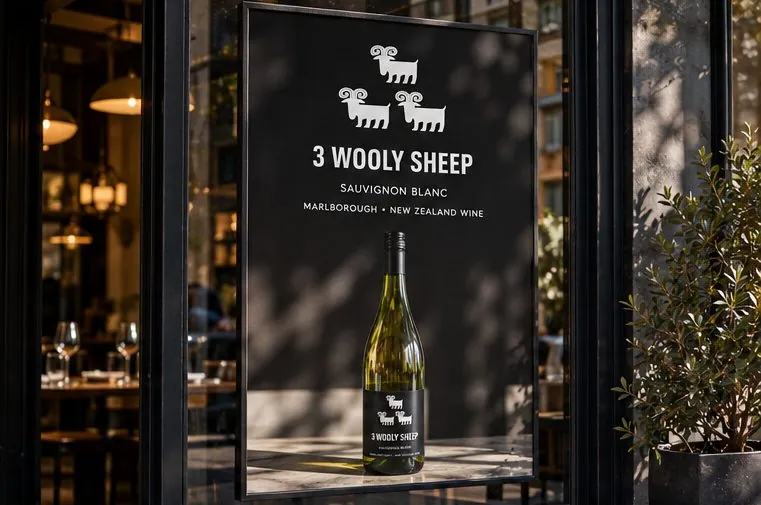 A 3 Wooly Sheep window poster in a restaurant window, showing the sheep mark above a bottle.