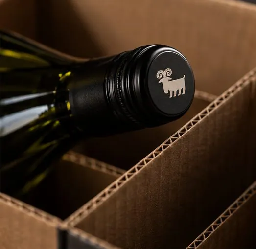A bottle in a shipper with a black screwcap printed with a single sheep.