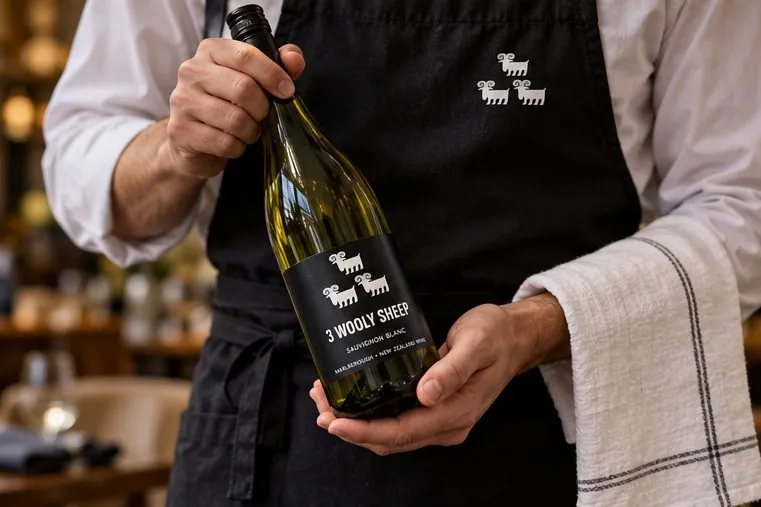 A waiter in a black apron printed with the sheep mark, holding a bottle of 3 Wooly Sheep.