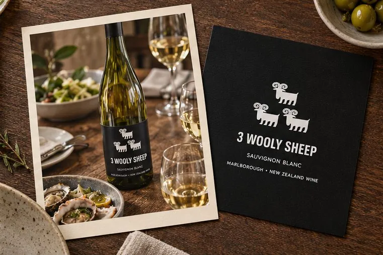 A 3 Wooly Sheep campaign card beside a photo of the bottle with oysters and salad.