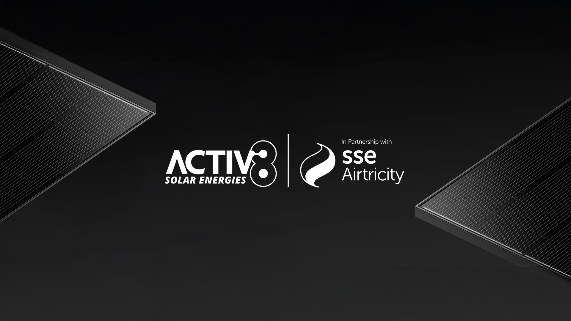 Activ8 Solar Energies commercial brand identity — wordmark and SSE Airtricity partnership lock-up on black