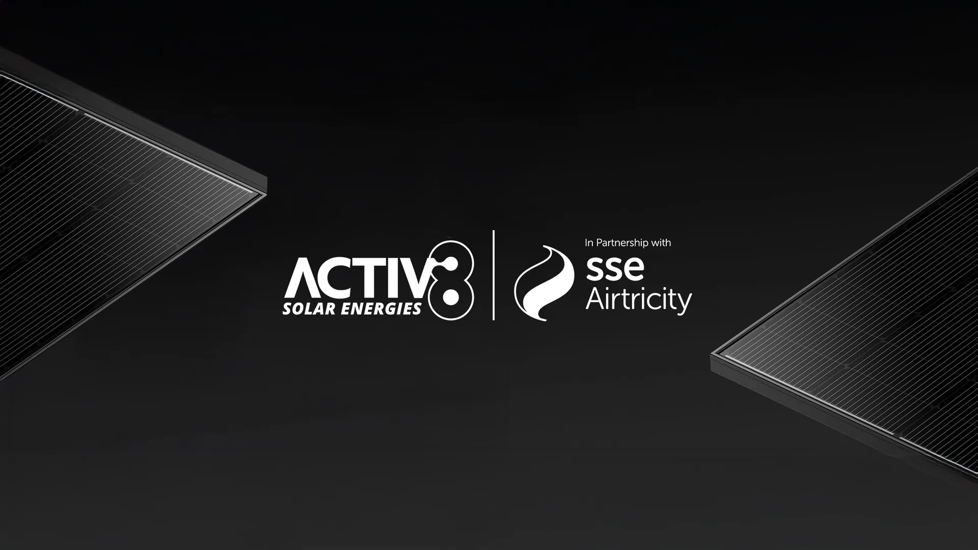 Activ8 Solar Energies commercial brand identity — wordmark and SSE Airtricity partnership lock-up on black