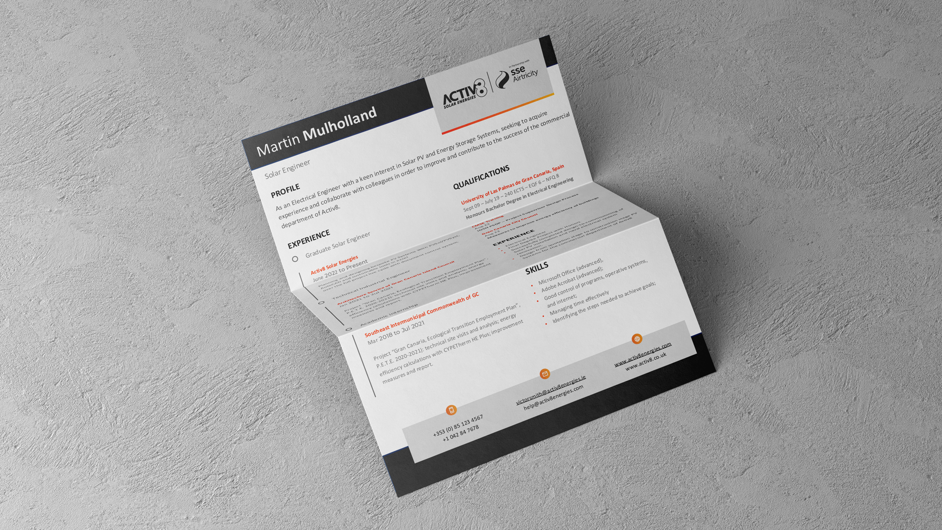 Folded CV template for Solar Engineer Martin Mulholland, applying the Activ8 x SSE Airtricity brand to internal HR documents