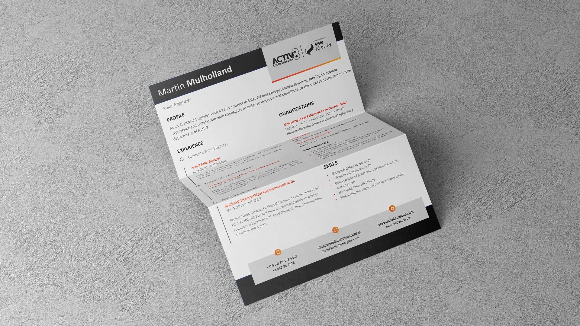 Folded CV template for Solar Engineer Martin Mulholland, applying the Activ8 x SSE Airtricity brand to internal HR documents