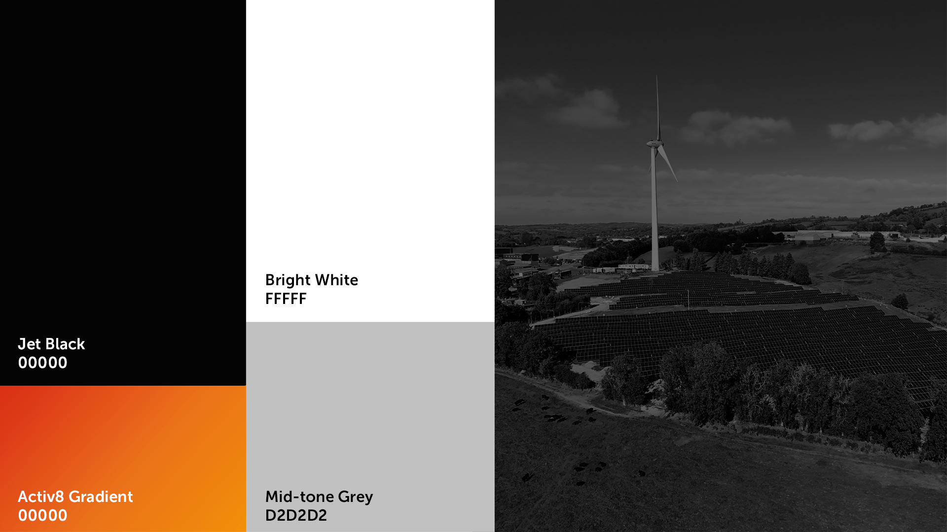 Brand colour and material palette — jet black, bright white and mid-tone grey alongside the signature orange-red gradient, paired with a monochrome aerial photo of a solar farm and wind turbine