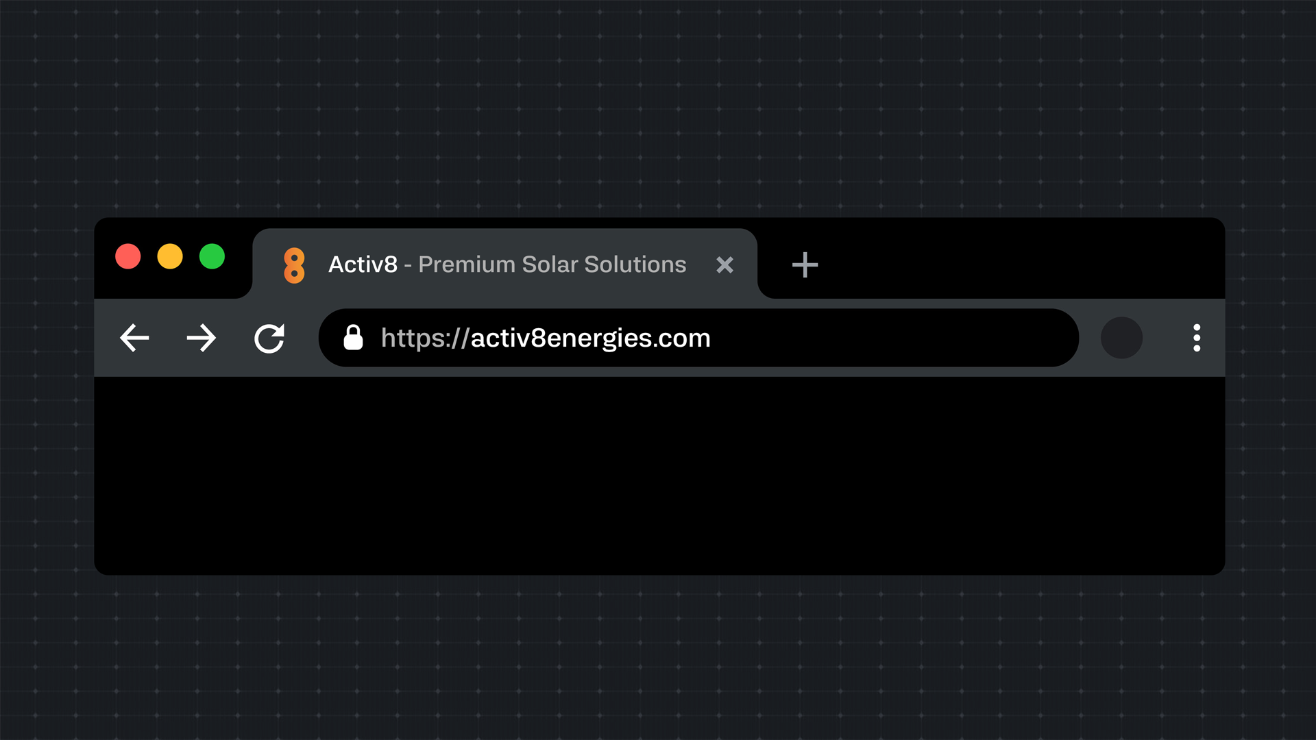 Browser tab mockup reading 'Activ8 – Premium Solar Solutions' at the activ8energies.com address