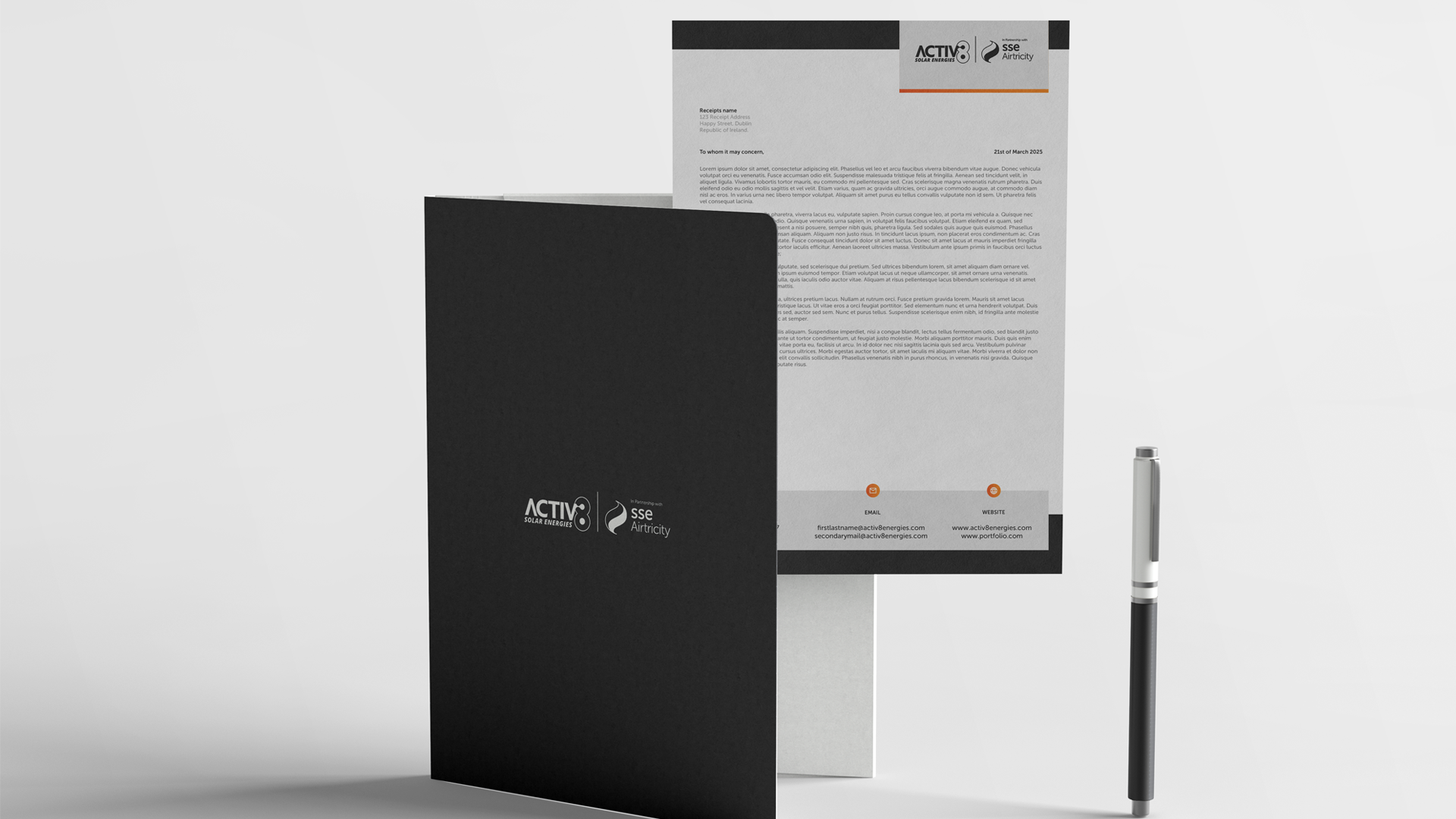 Black branded folder alongside a letterhead template with the Activ8 x SSE Airtricity header