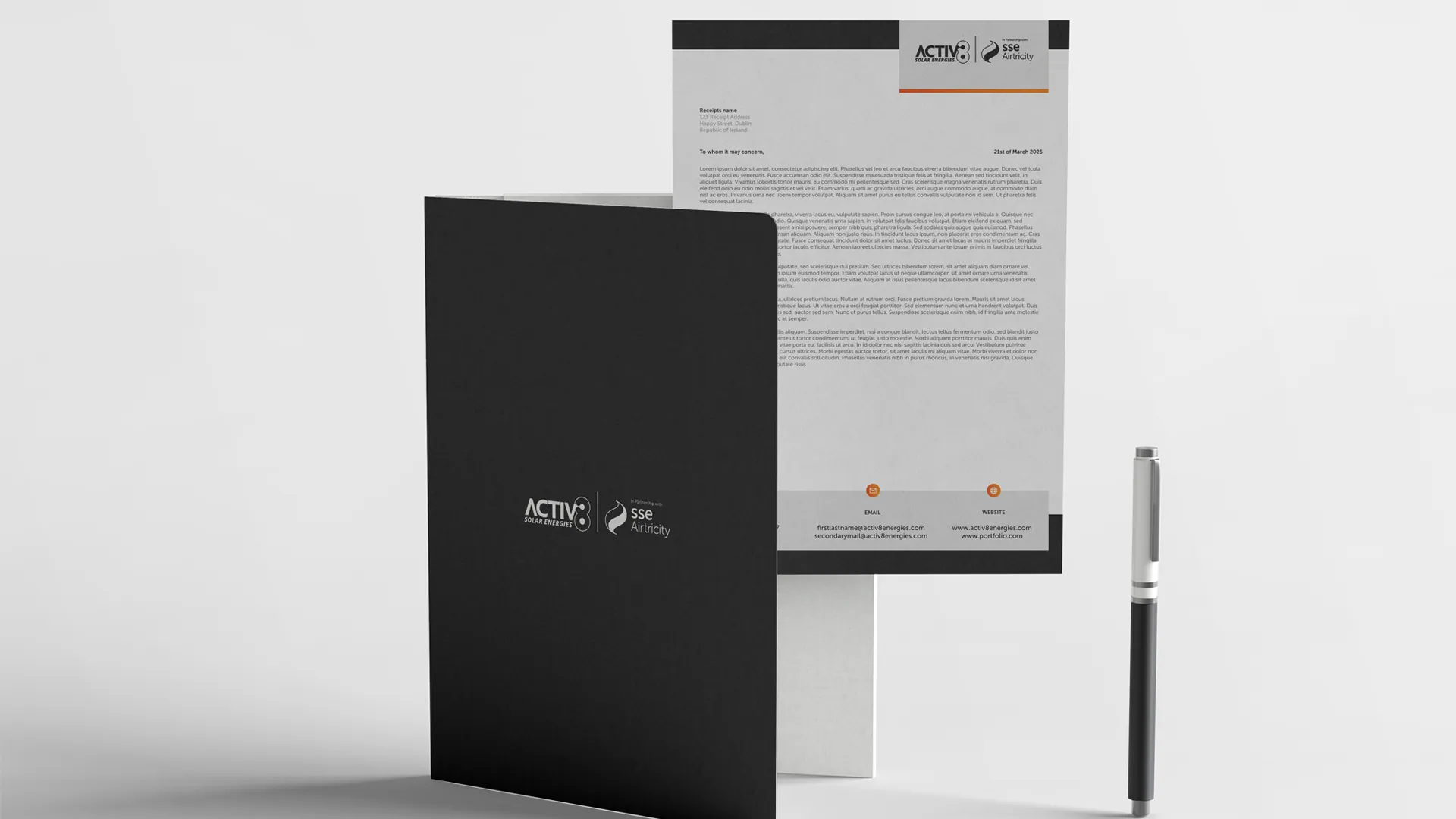 Black branded folder alongside a letterhead template with the Activ8 x SSE Airtricity header