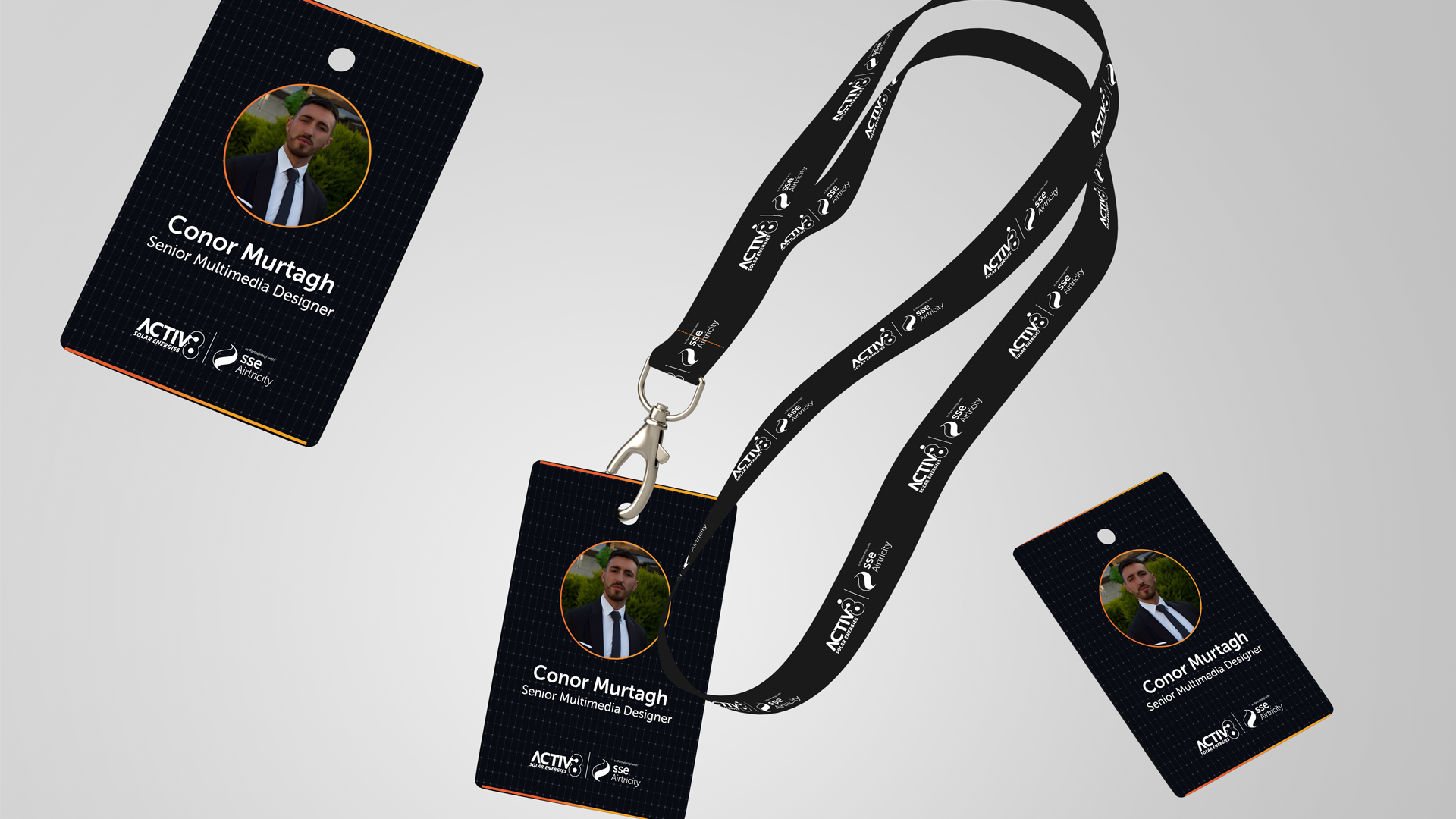 Activ8 lanyards and ID badges for 'Conor Murtagh, Senior Multimedia Designer', shown in three layouts