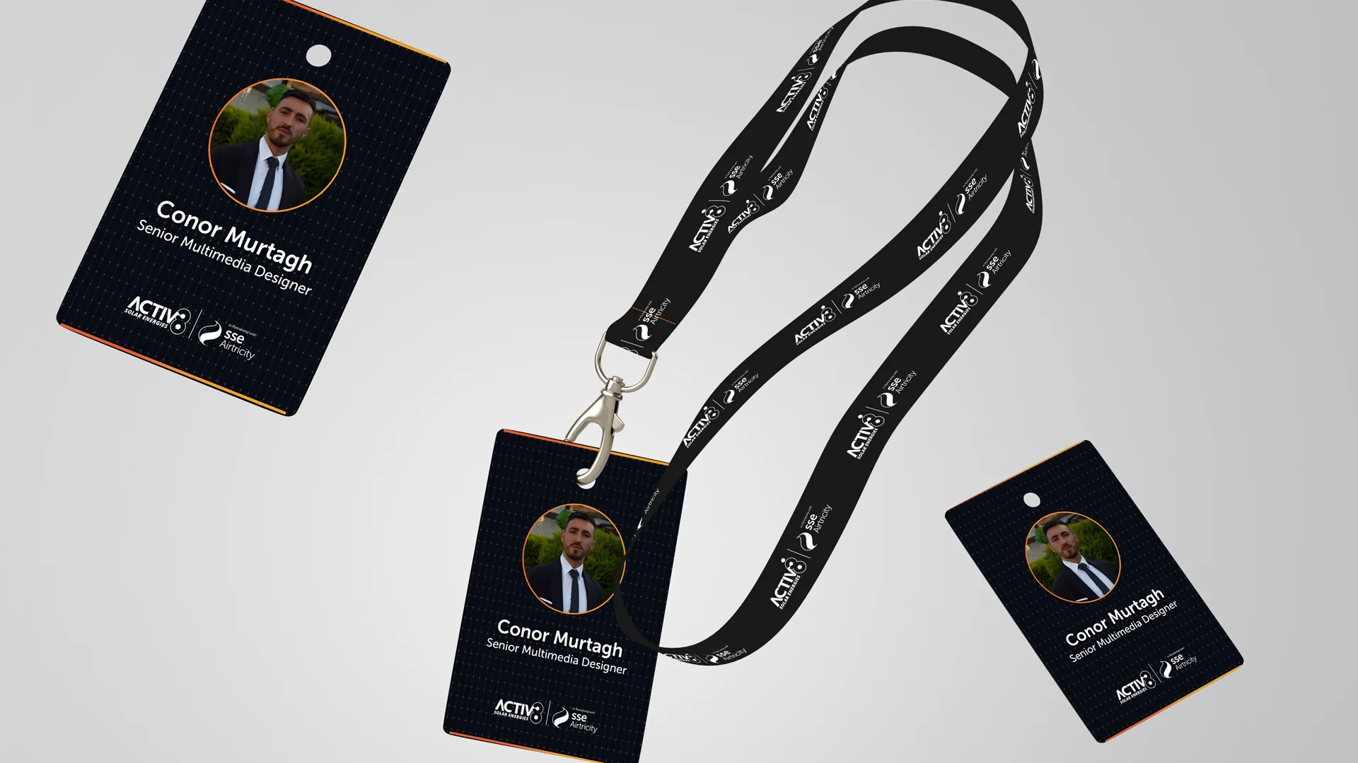 Activ8 lanyards and ID badges for 'Conor Murtagh, Senior Multimedia Designer', shown in three layouts