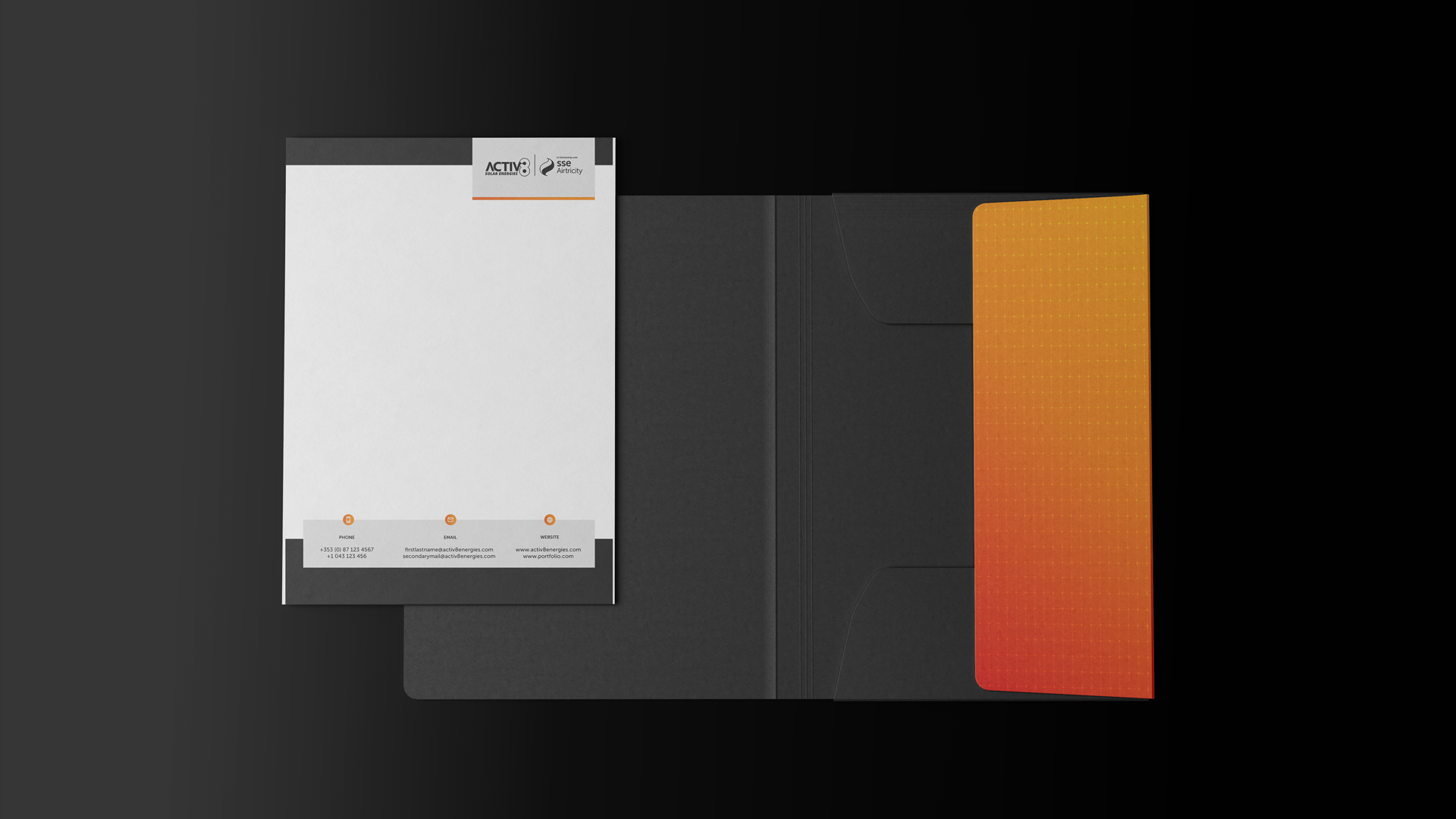 Open branded folder revealing an orange gradient solar-textured insert card alongside the letterhead