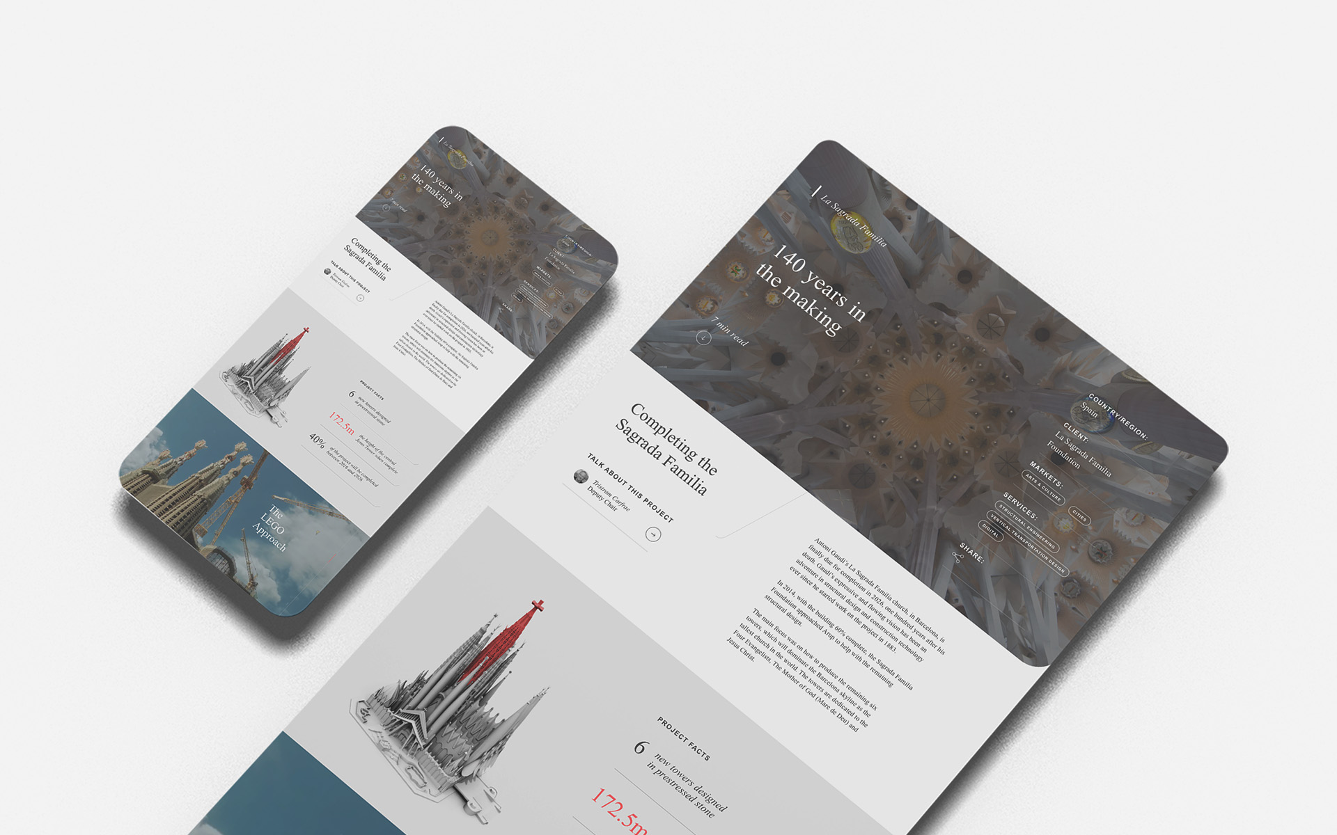 Arup project story template for the Sagrada Família, showing the '140 years in the making' hero header, project facts and sidebar details