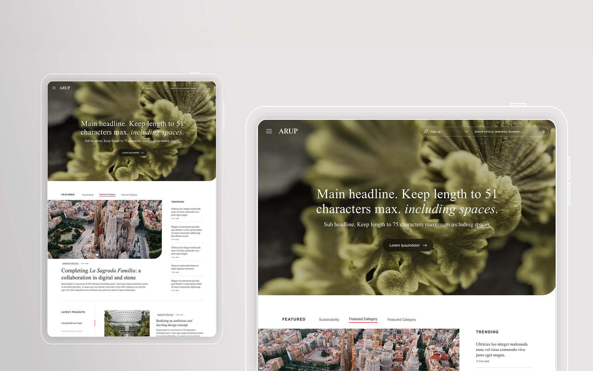 Two mockups of an Arup template with content rules built in: a headline capped at 51 characters and a sub-headline capped at 75, sitting above featured and trending story modules including a teaser for 'Completing La Sagrada Família: a collaboration in digital and stone'