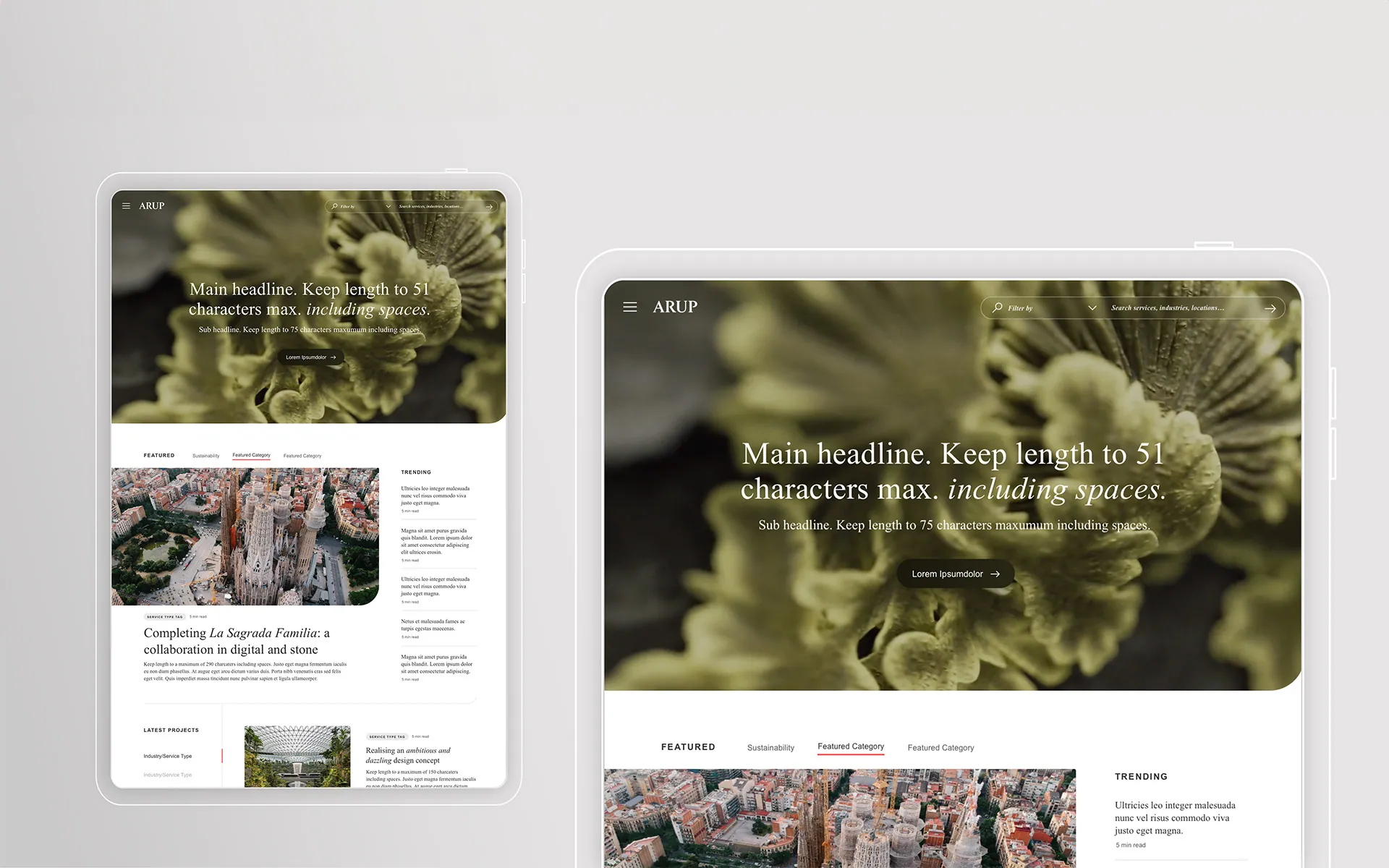 Two mockups of an Arup template with content rules built in: a headline capped at 51 characters and a sub-headline capped at 75, sitting above featured and trending story modules including a teaser for 'Completing La Sagrada Família: a collaboration in digital and stone'