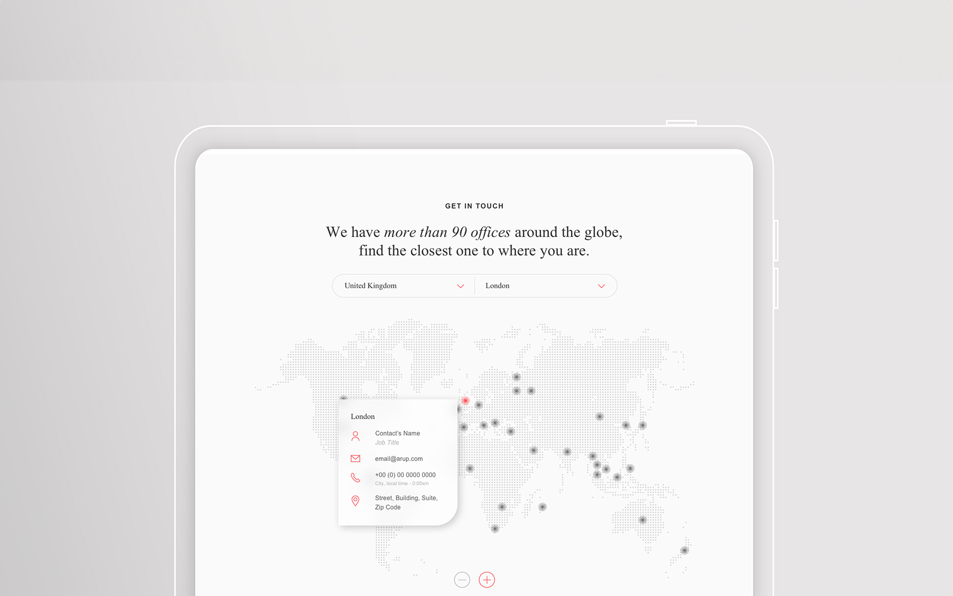 Mockup of Arup's global office locator, with country and city selectors, a dotted world map and a location card showing contact details for the London office