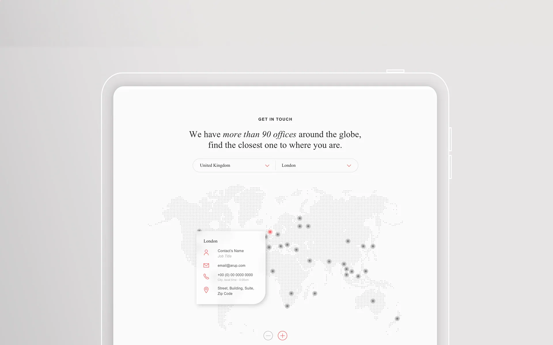 Mockup of Arup's global office locator, with country and city selectors, a dotted world map and a location card showing contact details for the London office