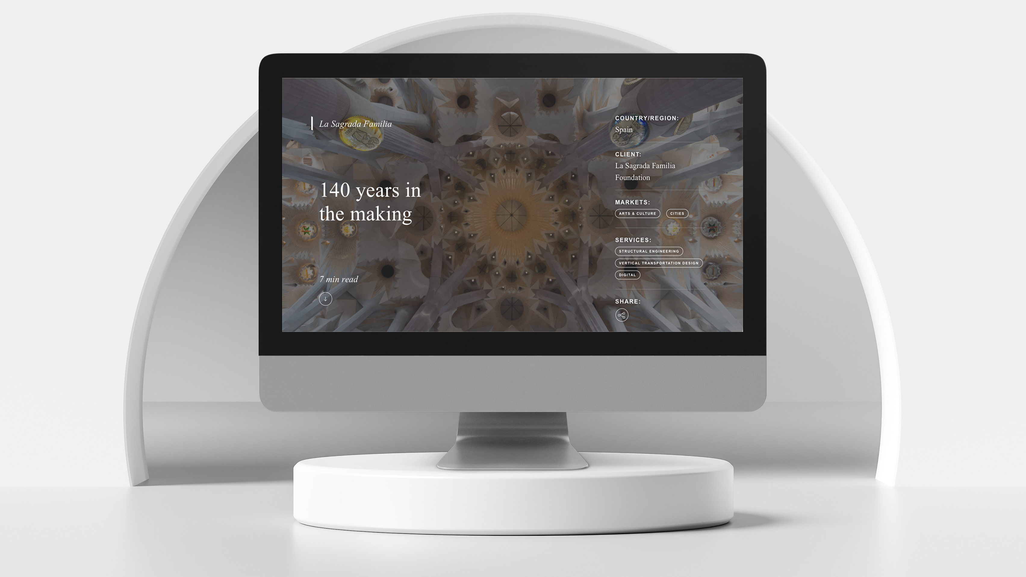 Desktop mockup of the Sagrada Família project story page, '140 years in the making', with a fixed sidebar listing country, client, markets, services and a share control