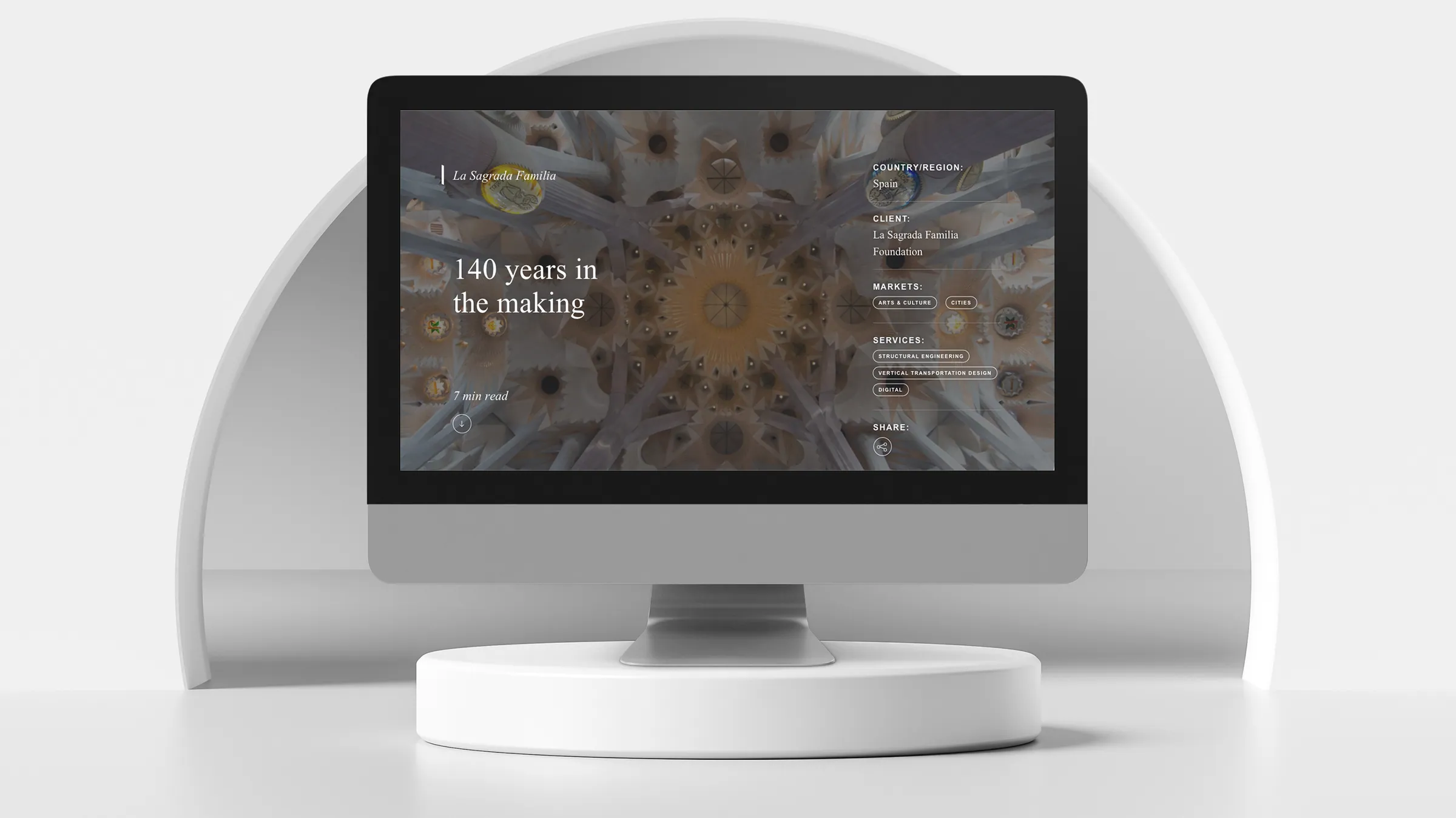 Desktop mockup of the Sagrada Família project story page, '140 years in the making', with a fixed sidebar listing country, client, markets, services and a share control