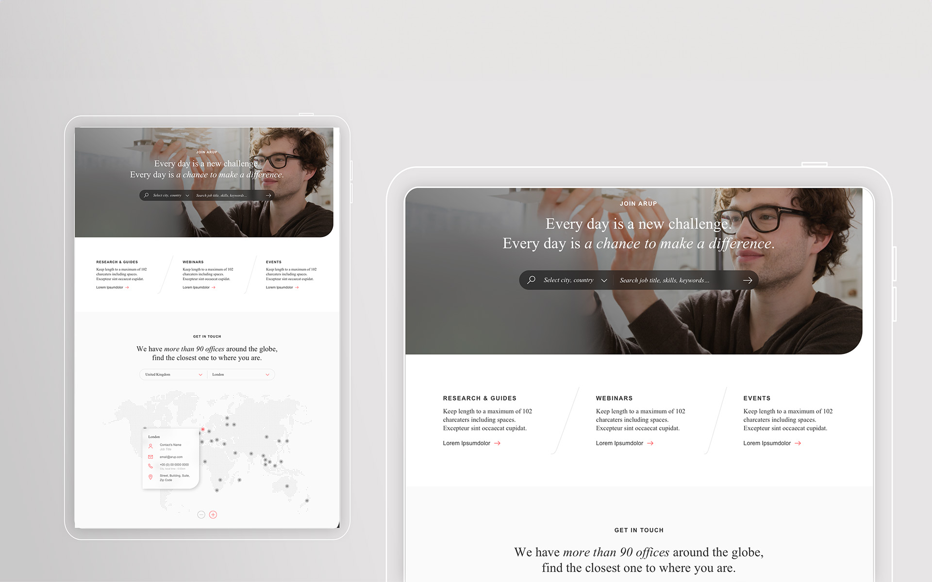 Two mockups of Arup's Join Arup careers page, with a job search bar for city and keywords, Research & Guides, Webinars and Events modules, and the global office locator beneath