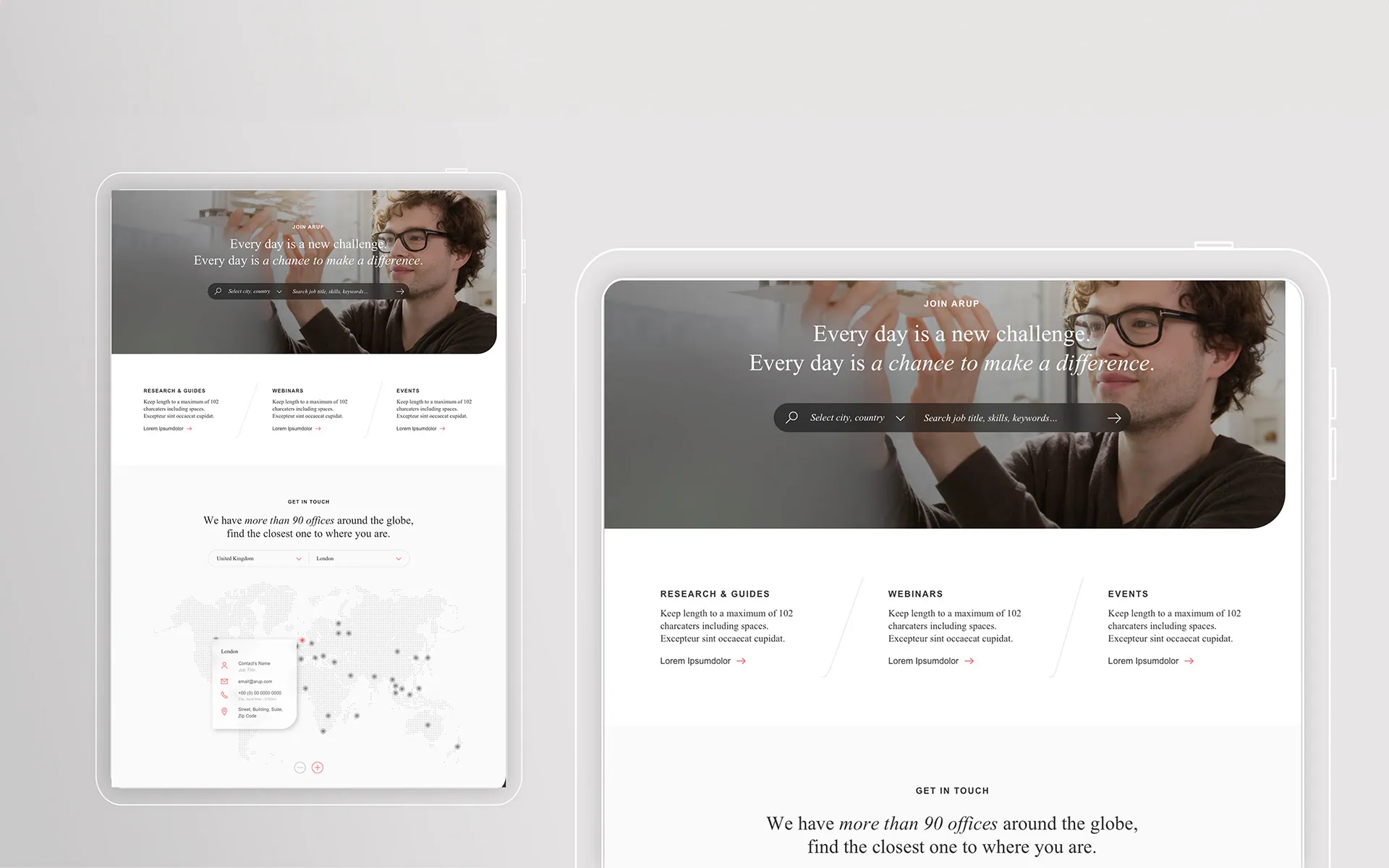 Two mockups of Arup's Join Arup careers page, with a job search bar for city and keywords, Research & Guides, Webinars and Events modules, and the global office locator beneath