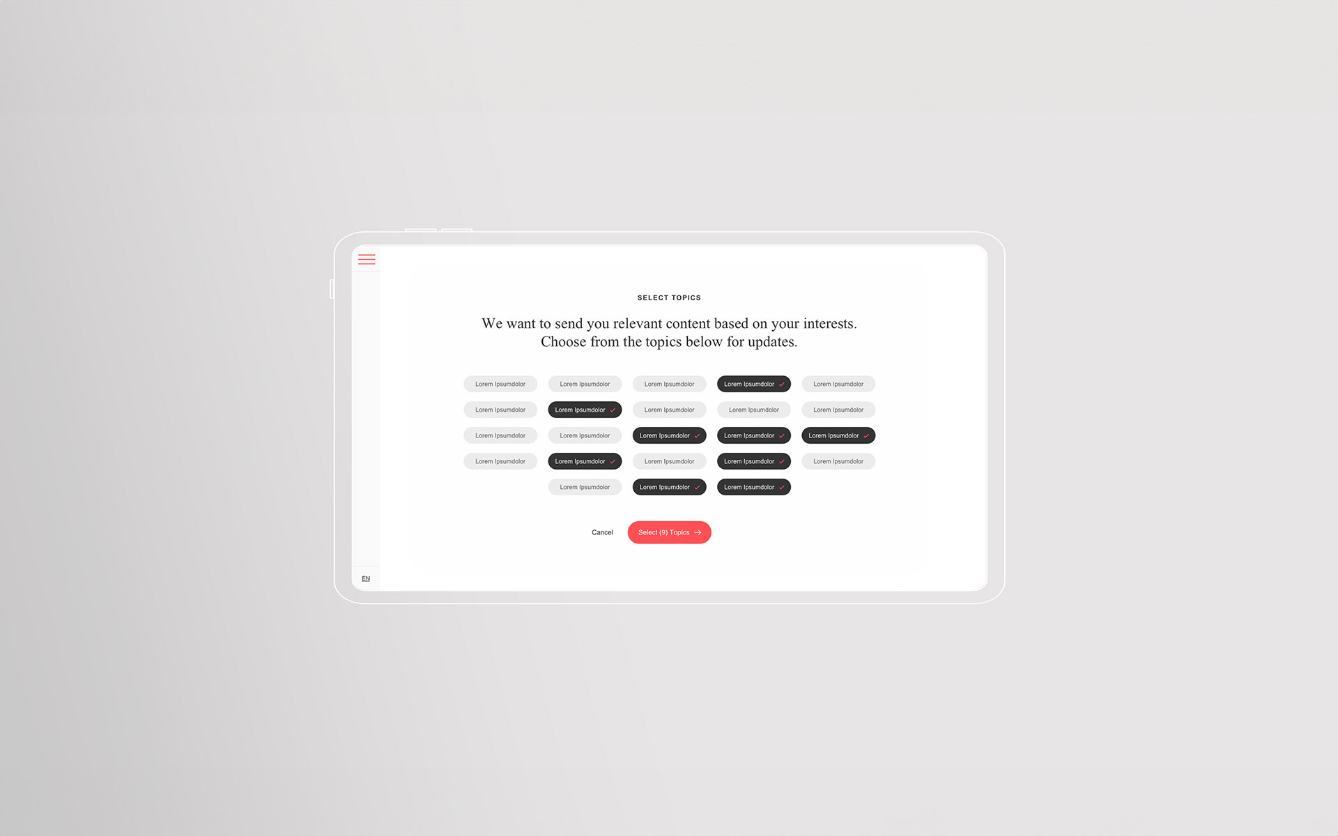 Tablet mockup of Arup's topic-preference selector, showing a grid of toggleable subject tags and a 'Select Topics' call to action for choosing which content updates to receive