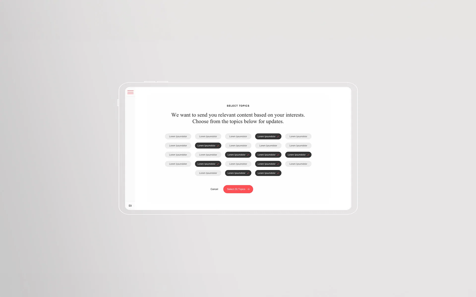 Tablet mockup of Arup's topic-preference selector, showing a grid of toggleable subject tags and a 'Select Topics' call to action for choosing which content updates to receive