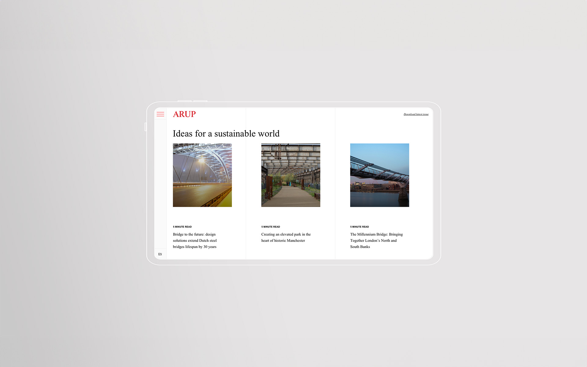 Tablet mockup of Arup's sustainability editorial hub, 'Ideas for a sustainable world', featuring articles on Dutch steel bridge lifespans, an elevated park in Manchester and London's Millennium Bridge