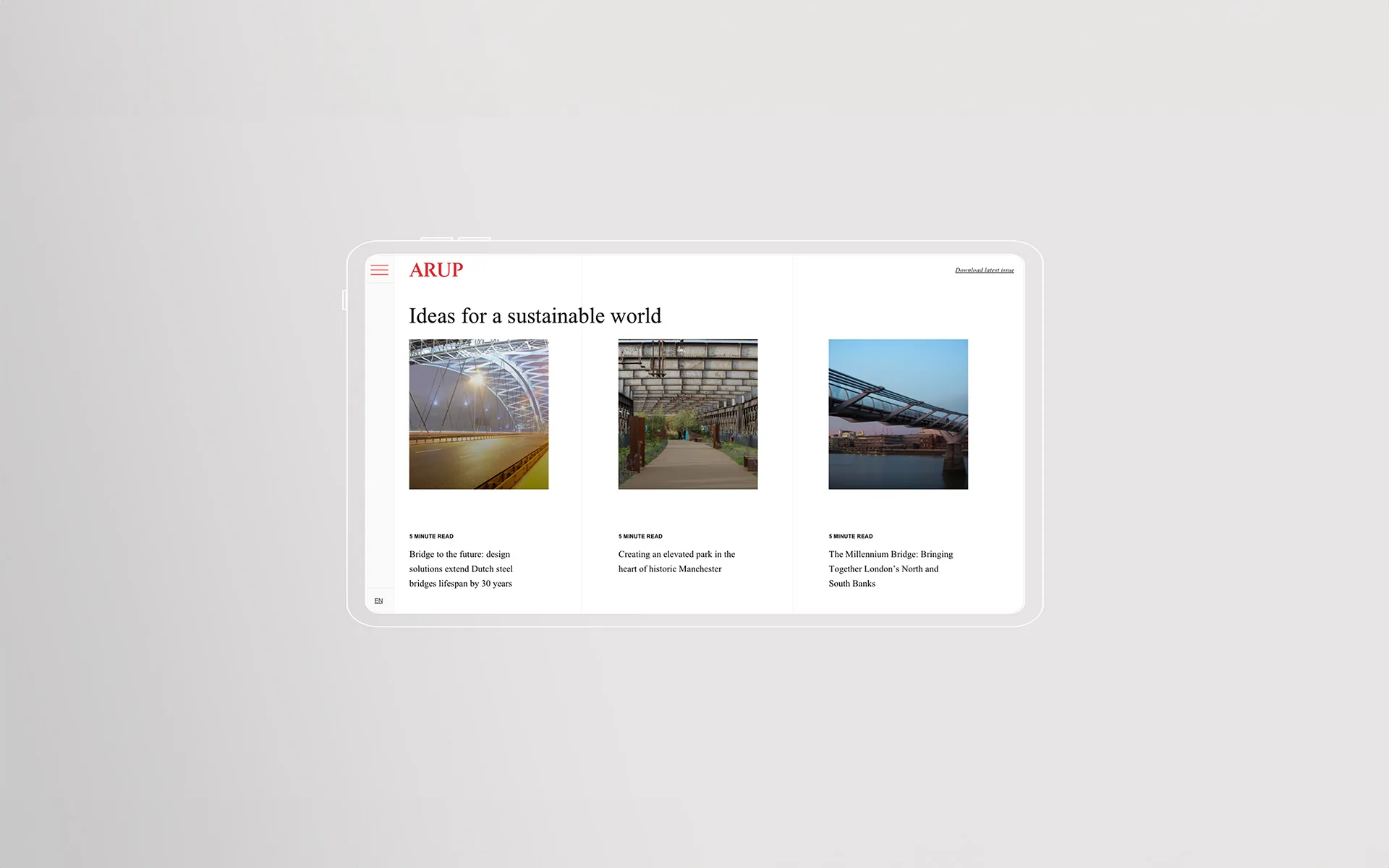 Tablet mockup of Arup's sustainability editorial hub, 'Ideas for a sustainable world', featuring articles on Dutch steel bridge lifespans, an elevated park in Manchester and London's Millennium Bridge