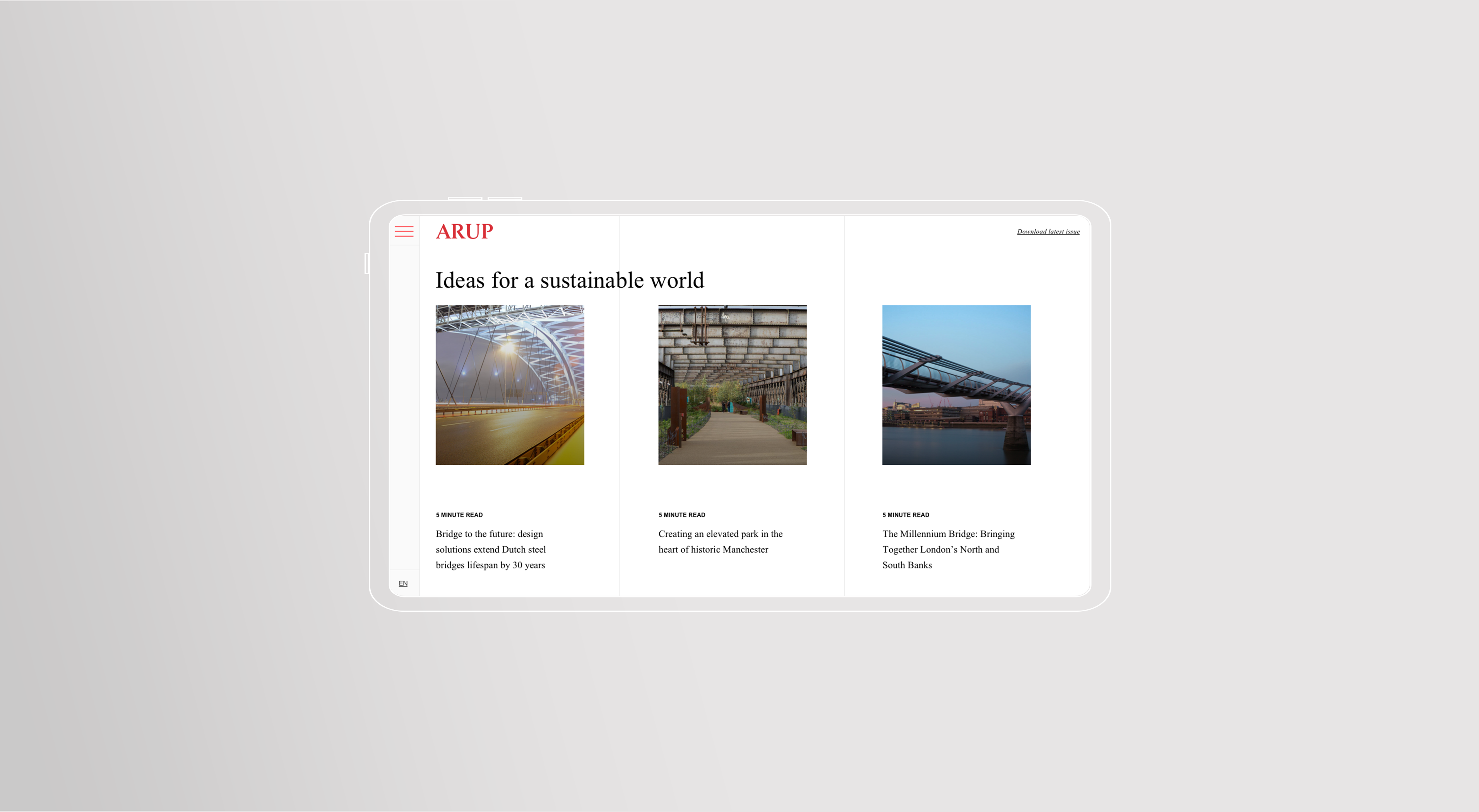 Desktop mockup of the same sustainability editorial hub, showing the layout holding across a wider viewport