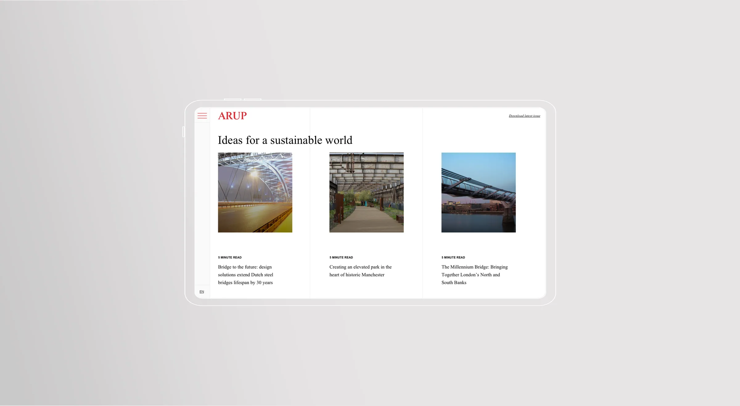 Desktop mockup of the same sustainability editorial hub, showing the layout holding across a wider viewport