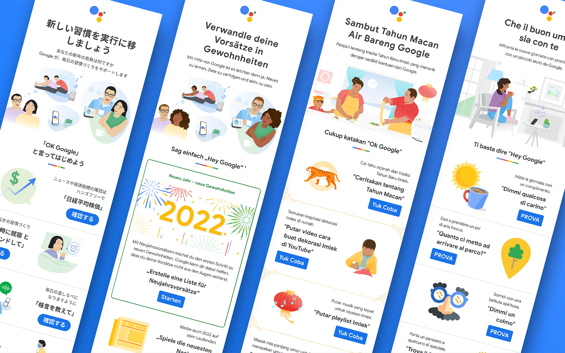 Four Google Assistant CRM emails in Japanese, German, Indonesian and Italian, each with custom illustration built around a New Year or seasonal theme