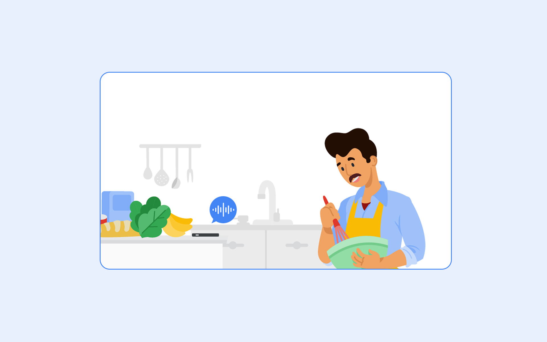 Hand-drawn illustration of a man whisking batter in a kitchen while Google Assistant plays music in the background