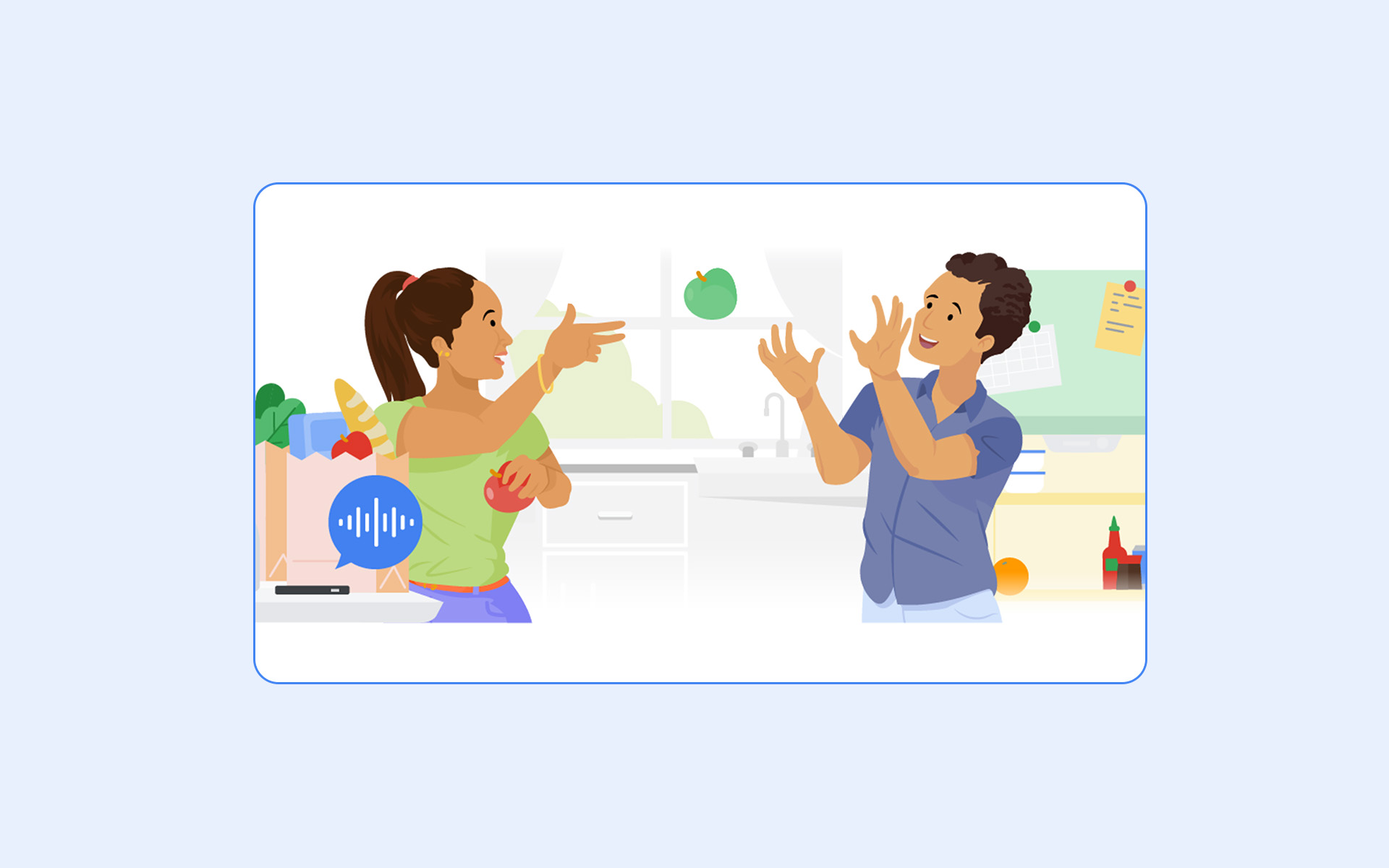 Hand-drawn illustration of a couple bantering over groceries in a kitchen, built for a Google Assistant CRM email
