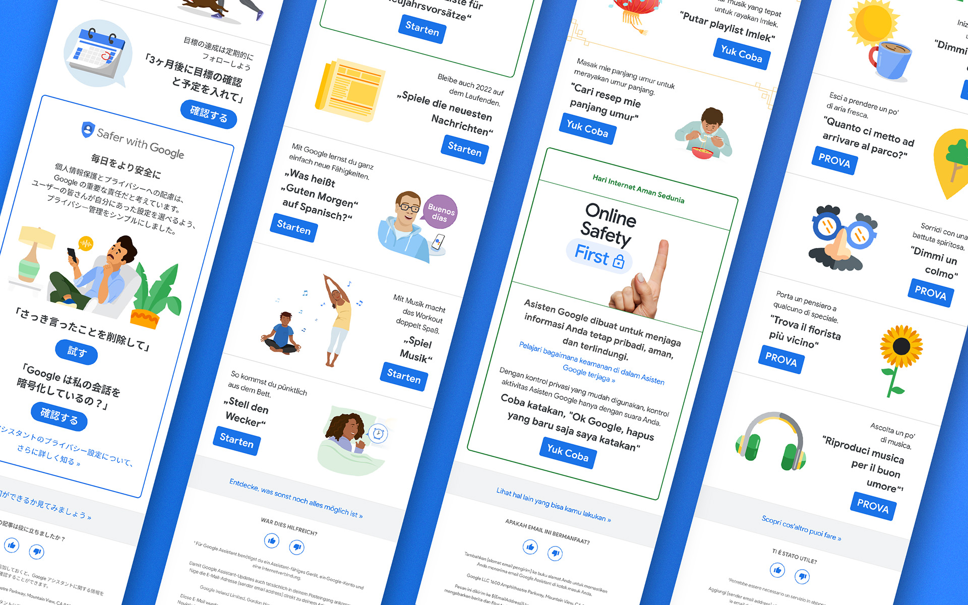 Four Google Assistant CRM emails in Japanese, German, Indonesian and Italian covering privacy, seasonal and lifestyle voice-command prompts