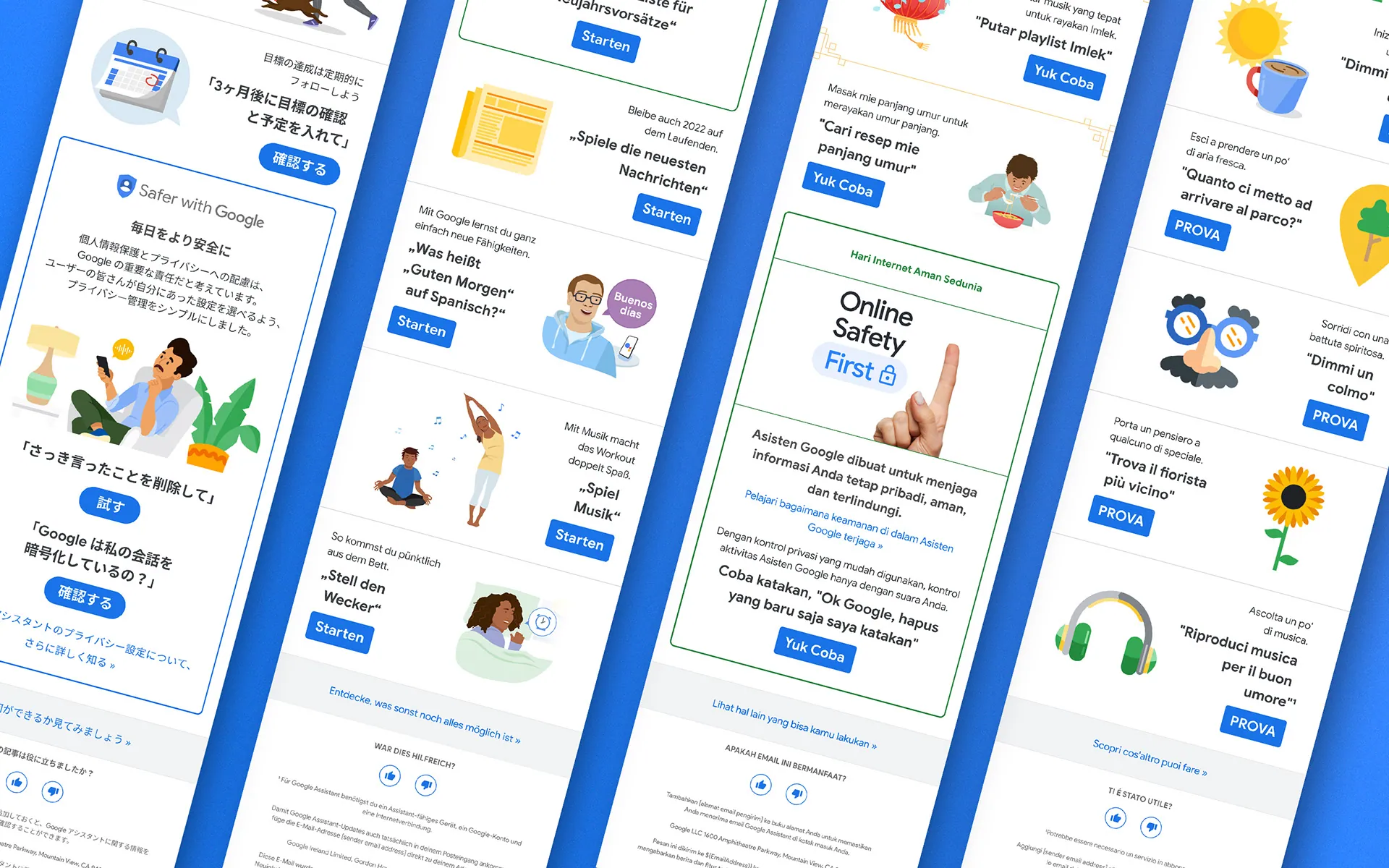 Four Google Assistant CRM emails in Japanese, German, Indonesian and Italian covering privacy, seasonal and lifestyle voice-command prompts