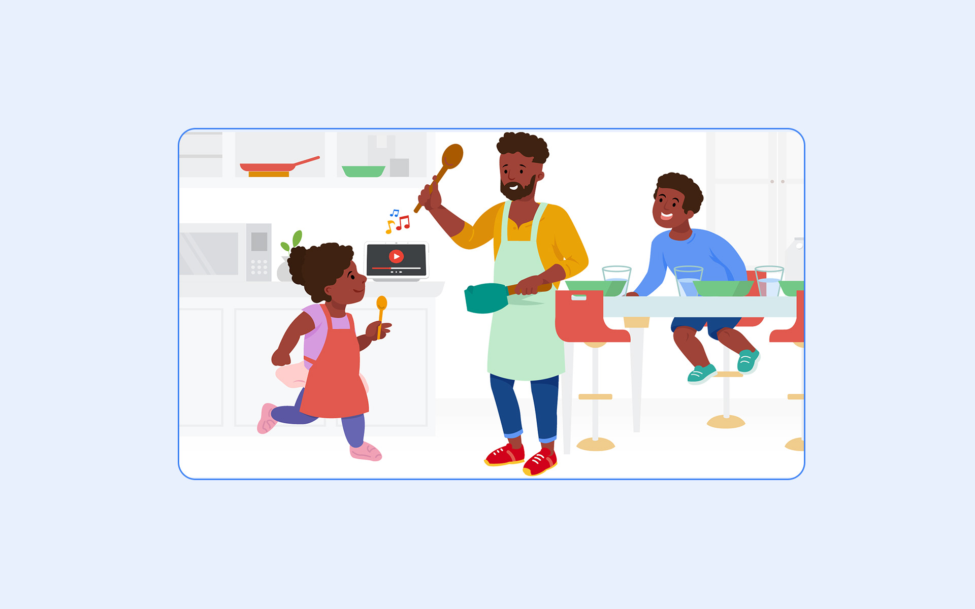 Hand-drawn illustration of a father cooking with two children in a kitchen, with a recipe video playing on a smart display