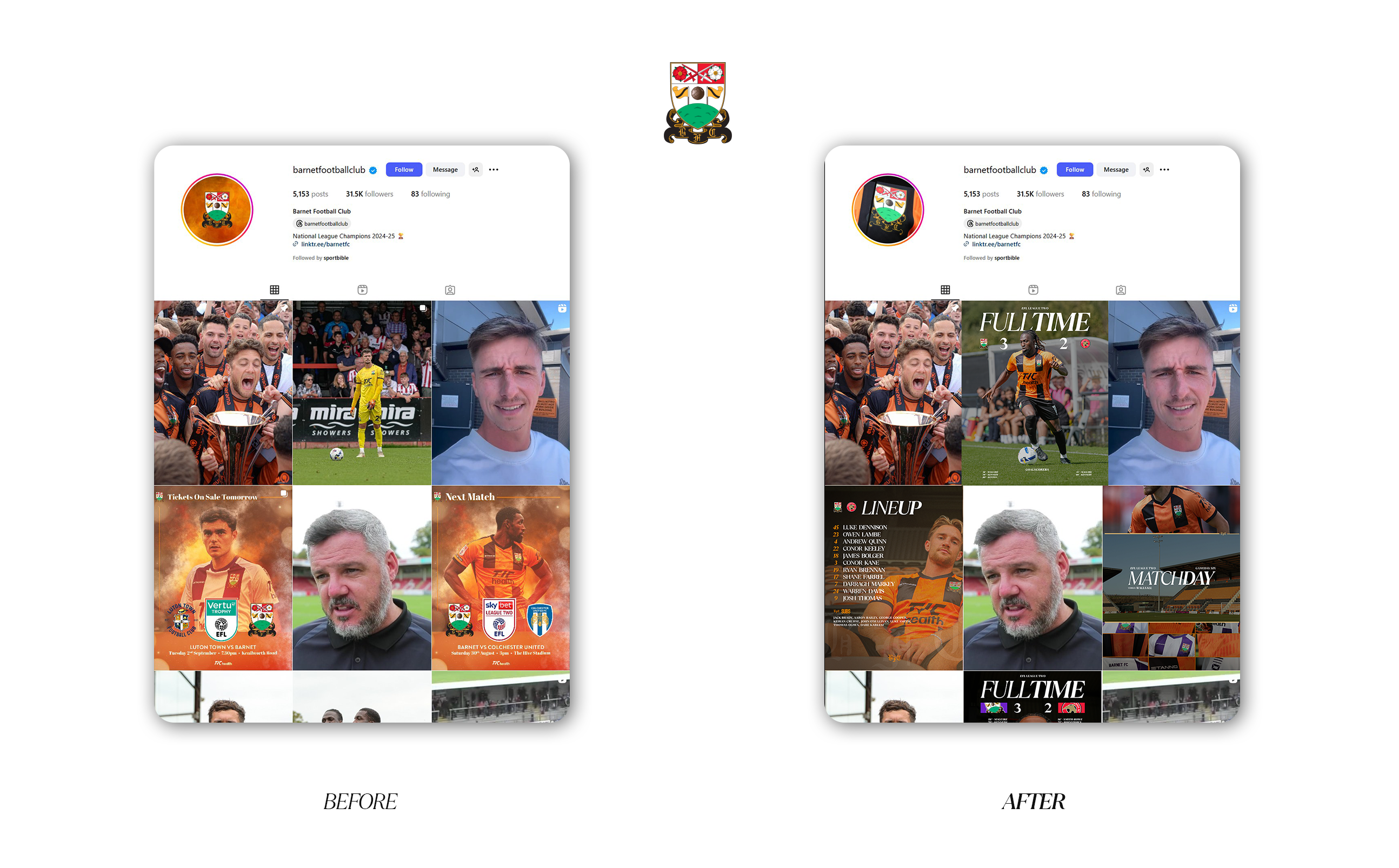 Before and after comparison of Barnet FC's Instagram grid, showing the matchday content system applied across the feed