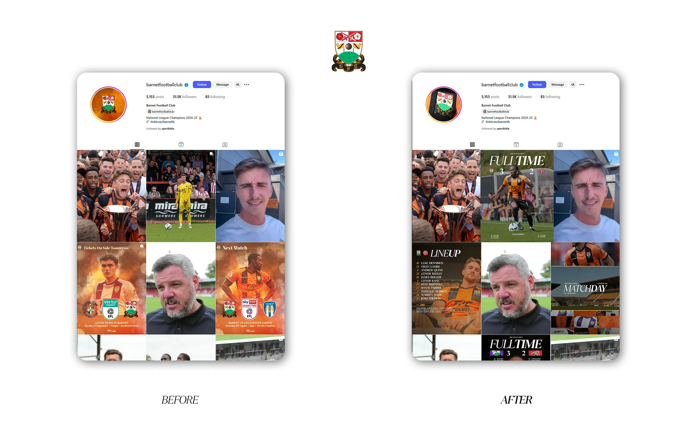 Before and after comparison of Barnet FC's Instagram grid, showing the matchday content system applied across the feed