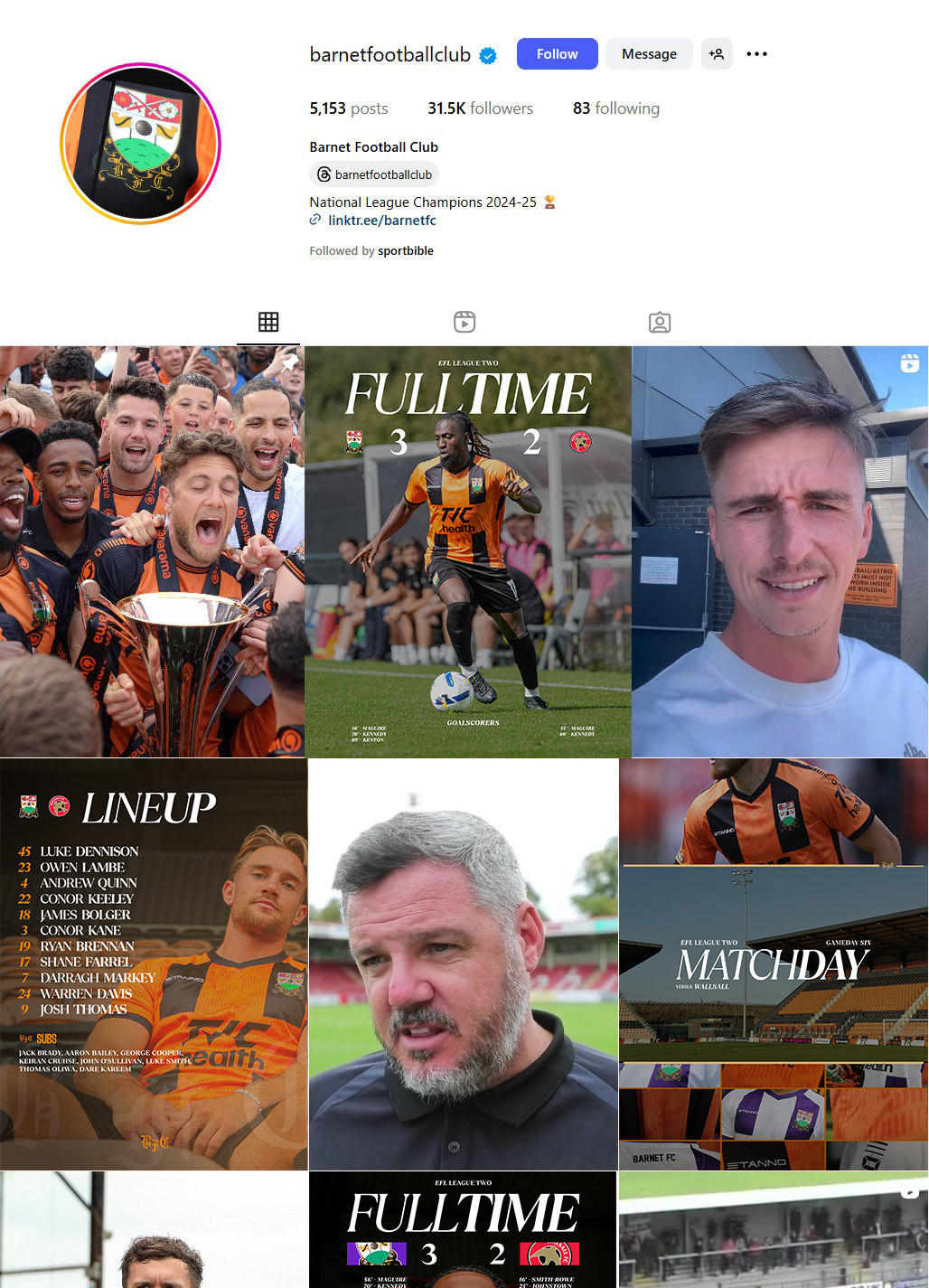 Barnet FC Instagram grid mockup, before and after the matchday content system