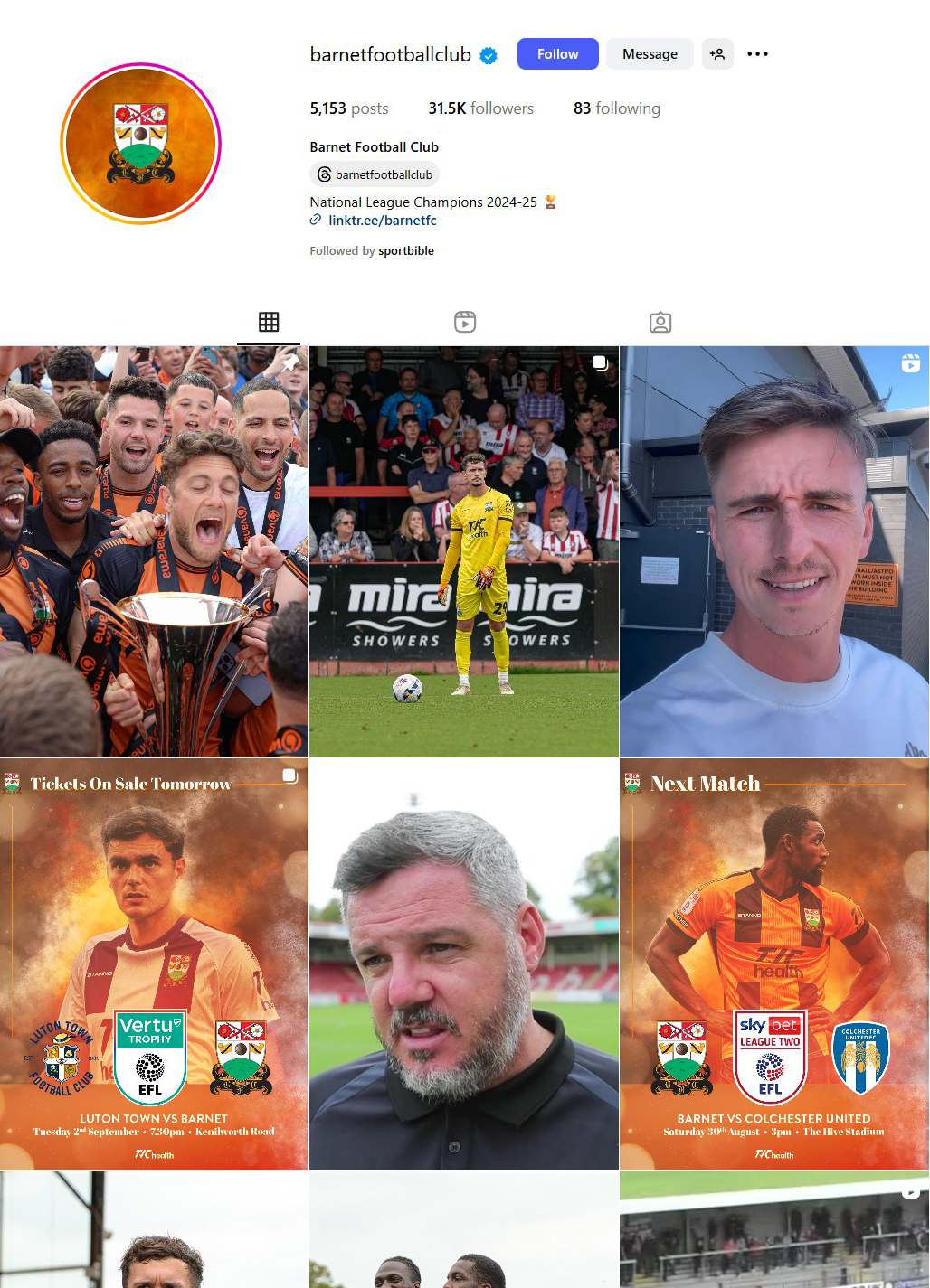 Barnet FC Instagram grid mockup, before and after the matchday content system