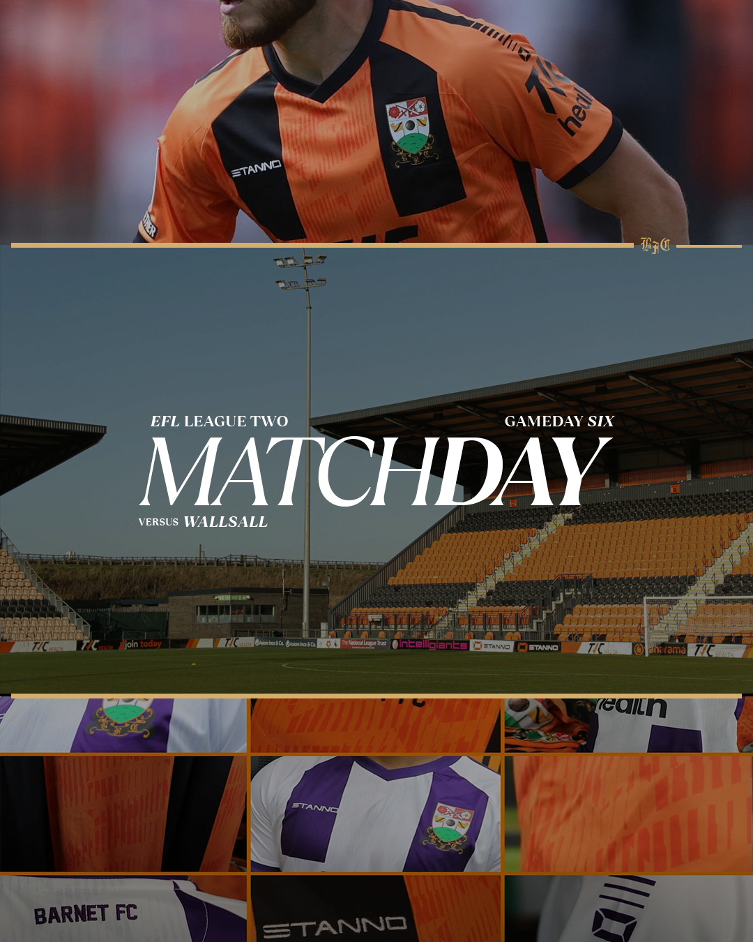 Barnet FC matchday hero template with crest, kit photography and fixture details