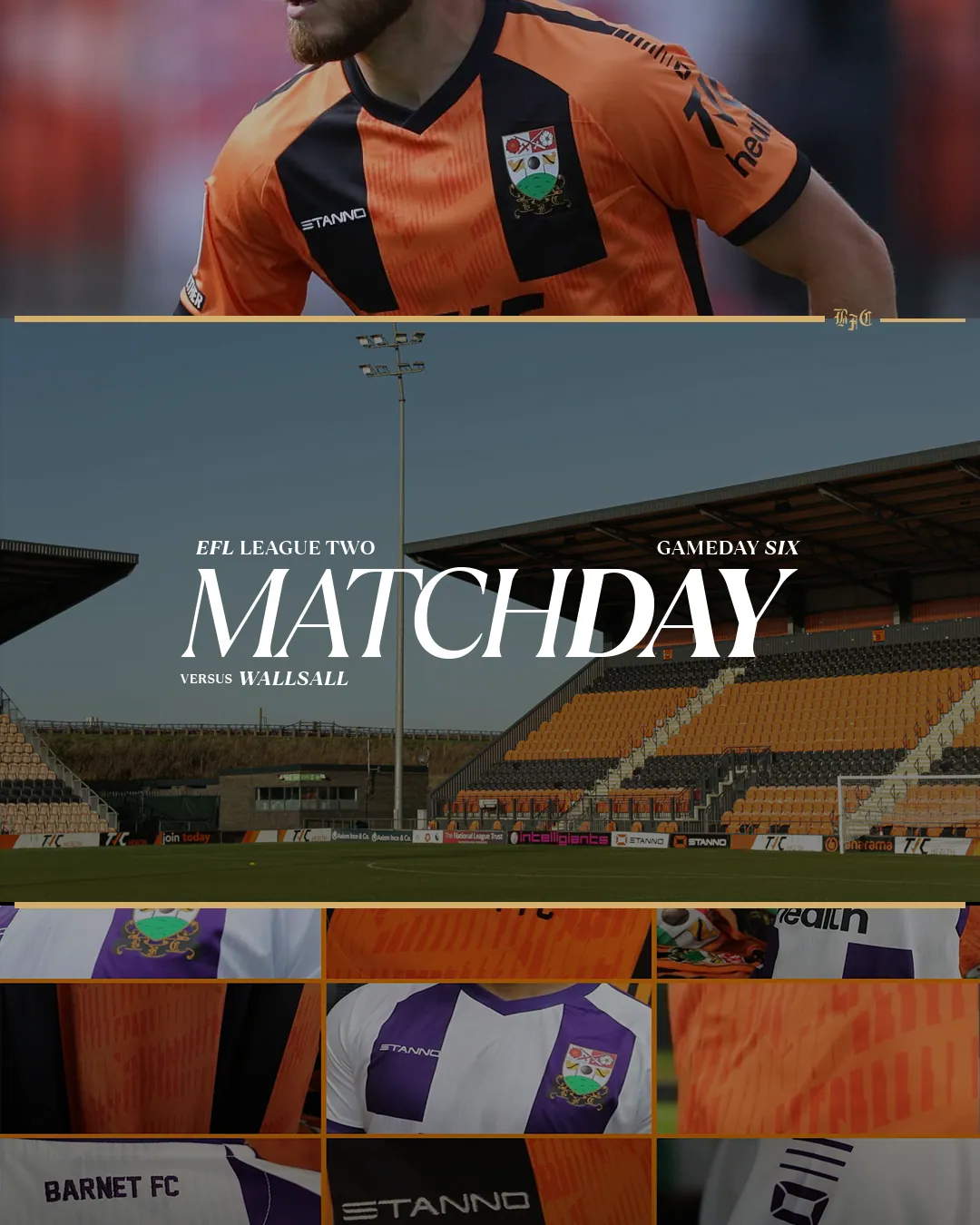 Barnet FC matchday hero template with crest, kit photography and fixture details