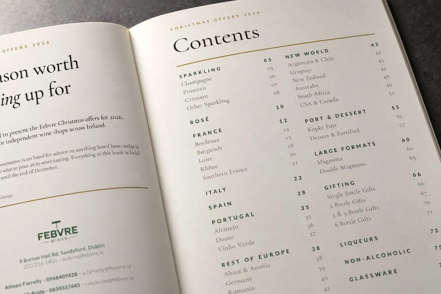 Contents page listing sections from Sparkling to Glassware.