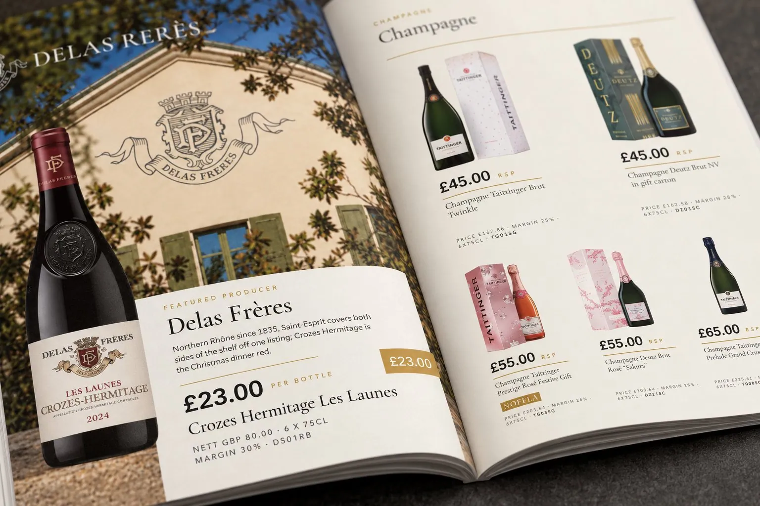 Delas Frères full-page feature opposite the Champagne product page.