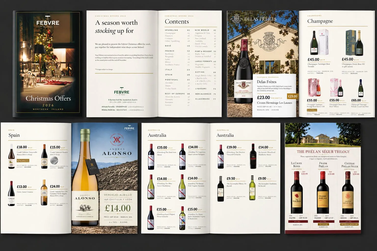 Overview of catalogue spreads: cover, introduction, contents, producer features and product grids.