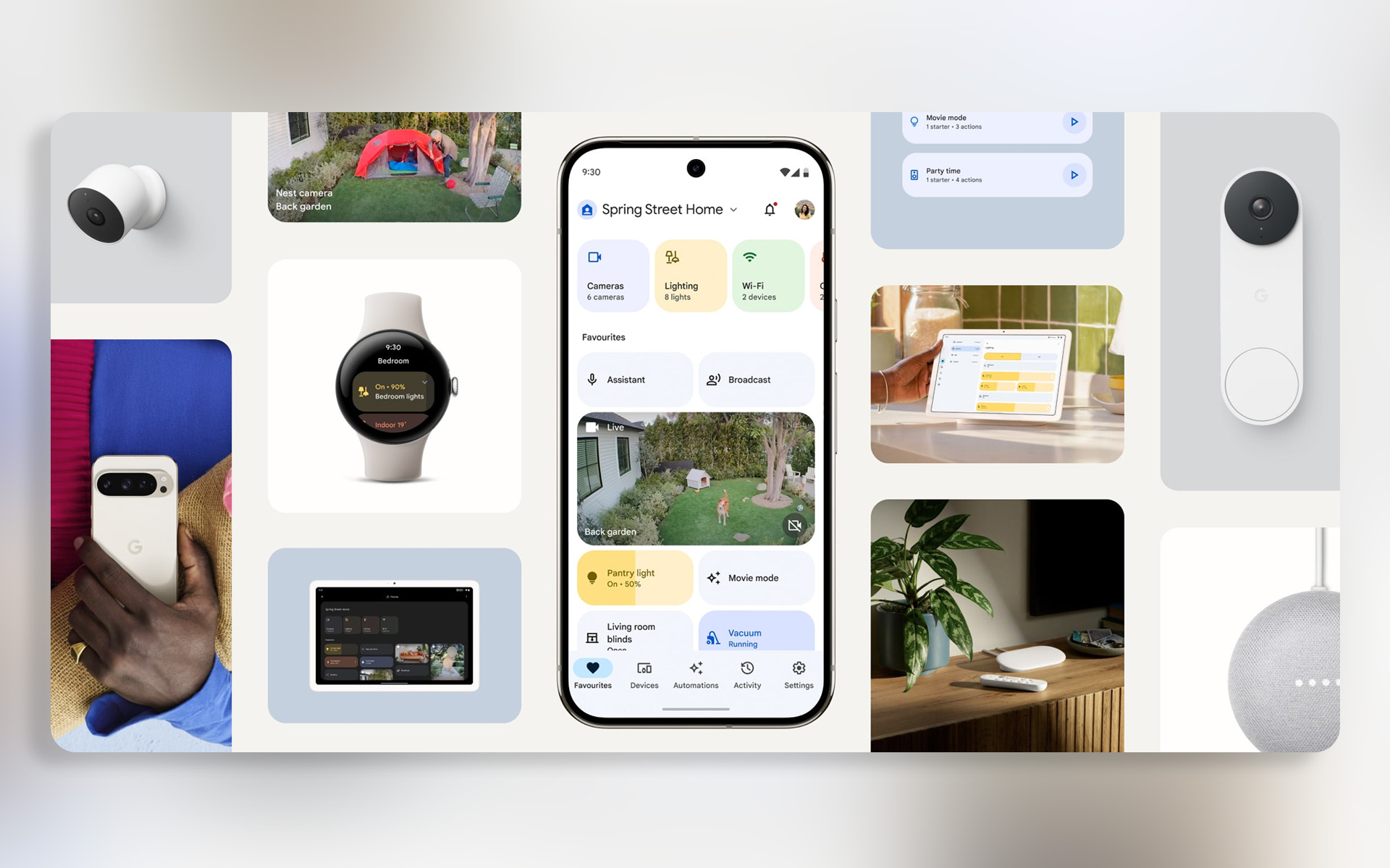 Google Nest smart home ecosystem layout — cameras, doorbell, speaker, tablet and Pixel Watch controls