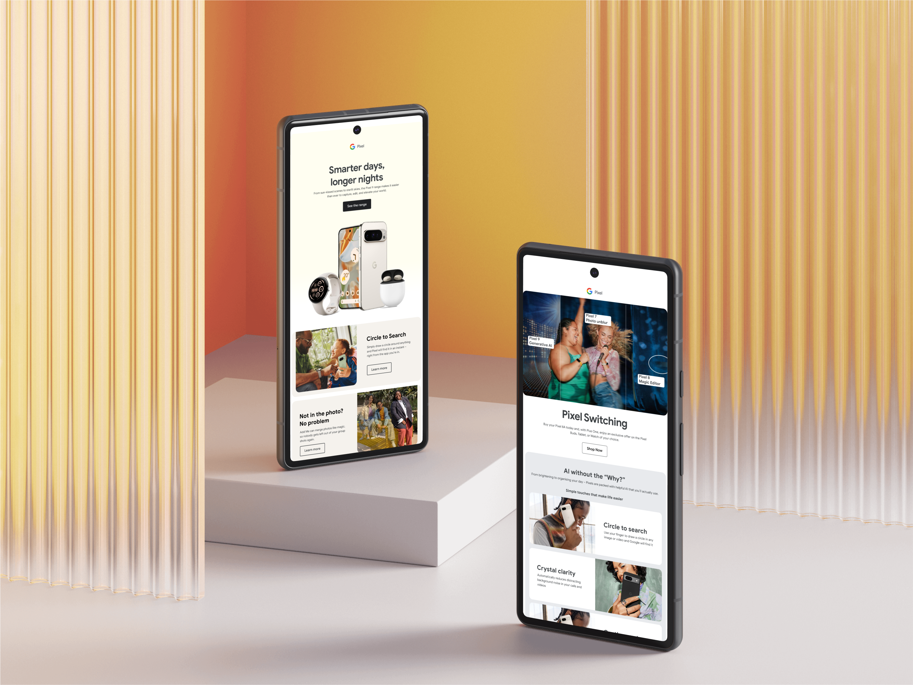 Two Pixel phones on an orange podium showing a Pixel 9 range email and a Pixel Switching campaign email