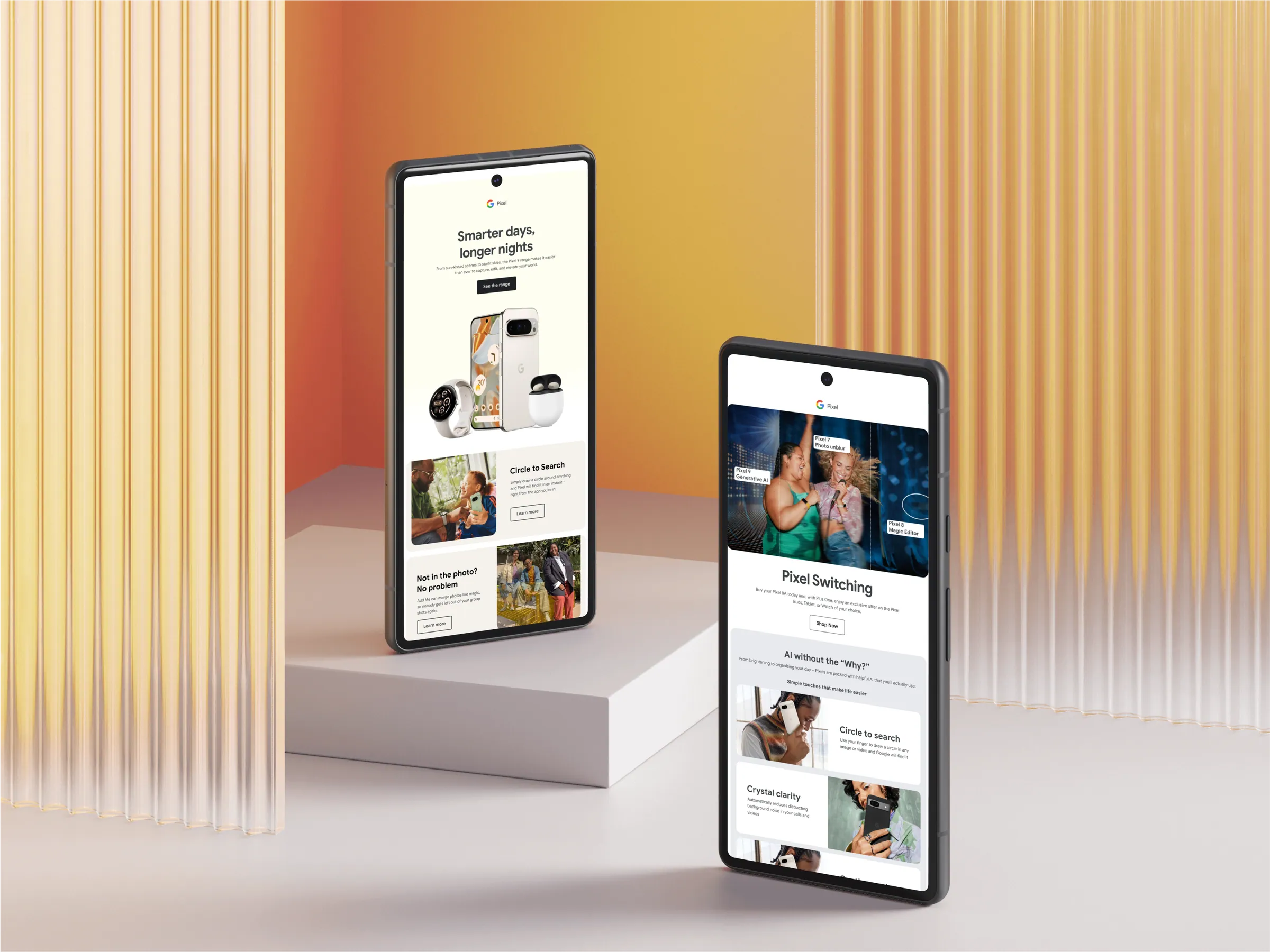 Two Pixel phones on an orange podium showing a Pixel 9 range email and a Pixel Switching campaign email